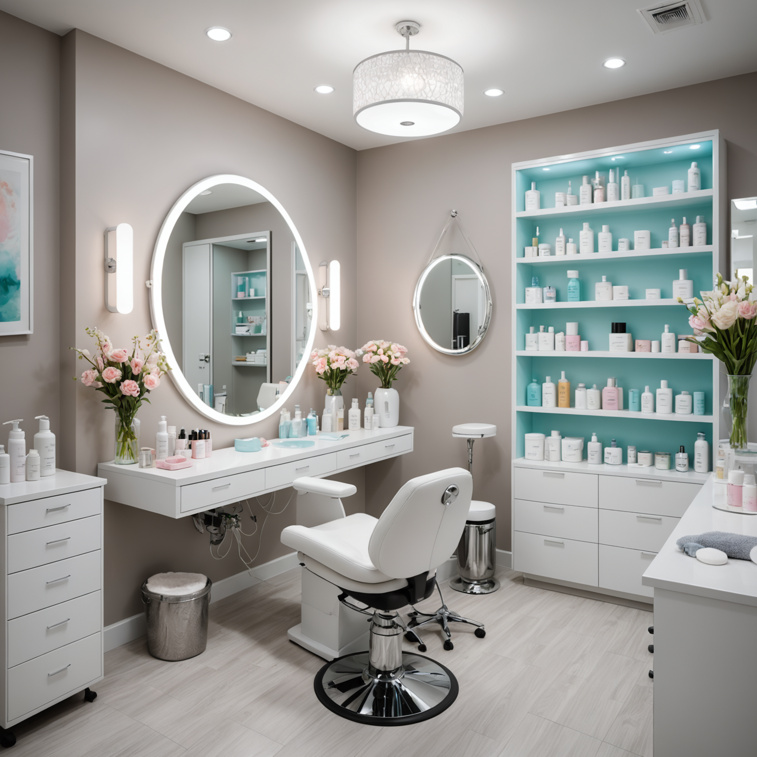 Cosmetic clinic treatment room with esthetician and skincare tools