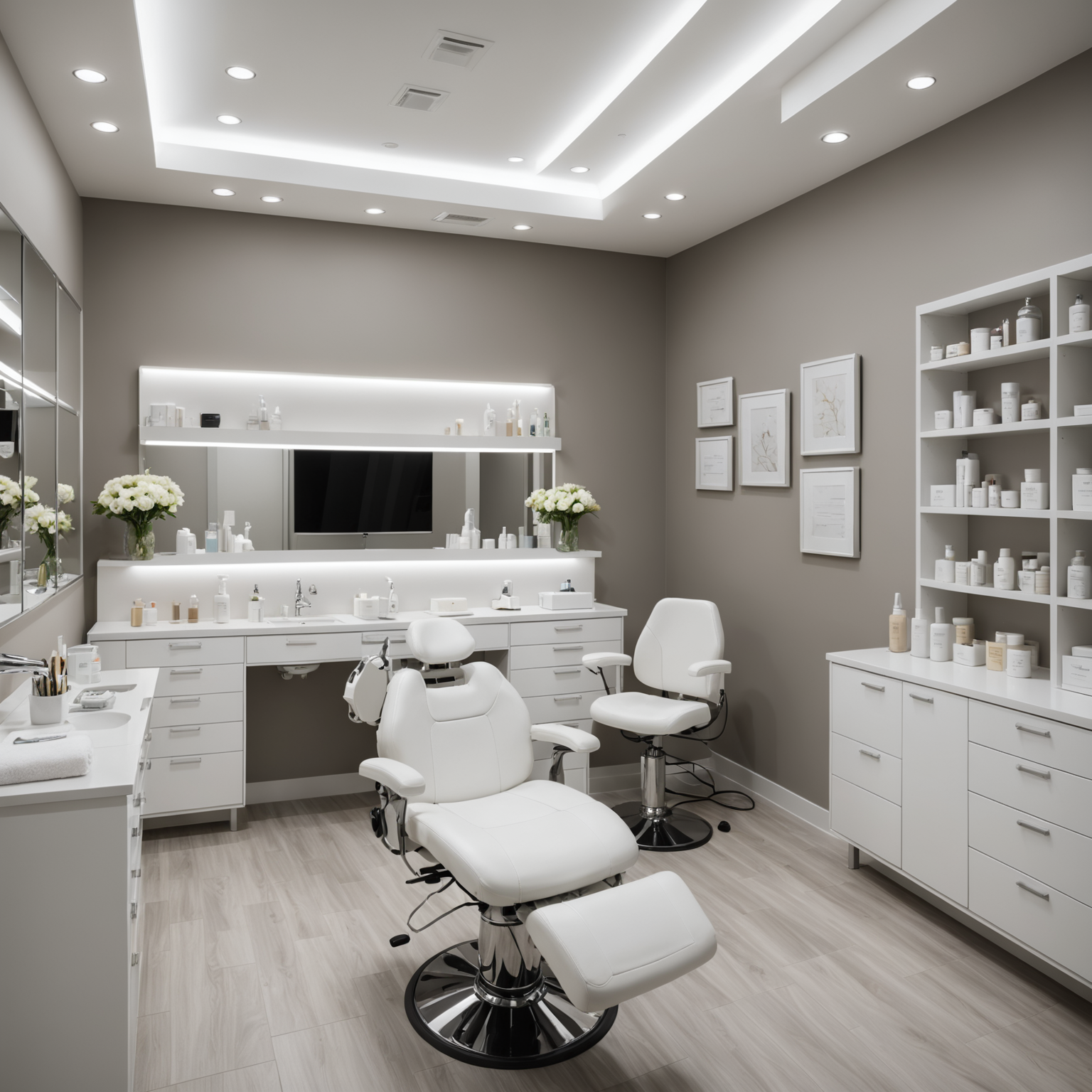 A serene cosmetic clinic treatment room with esthetician tools neatly arranged