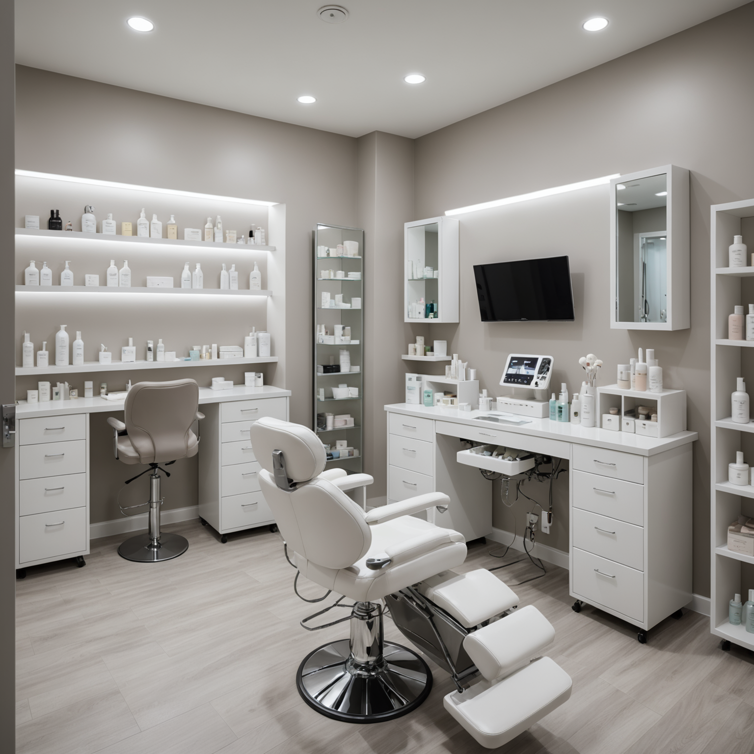 A serene cosmetic treatment room with an esthetician preparing tools