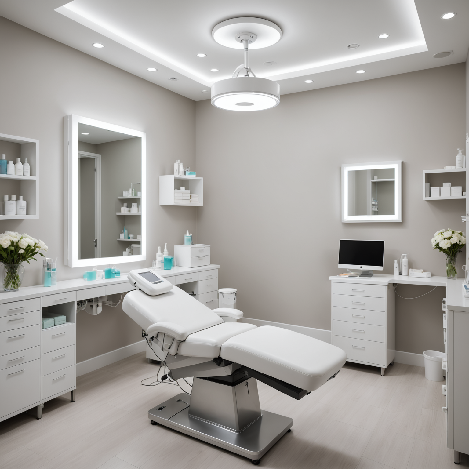 A bright, inviting cosmetic clinic treatment room with sterile tools neatly arranged on a tray.