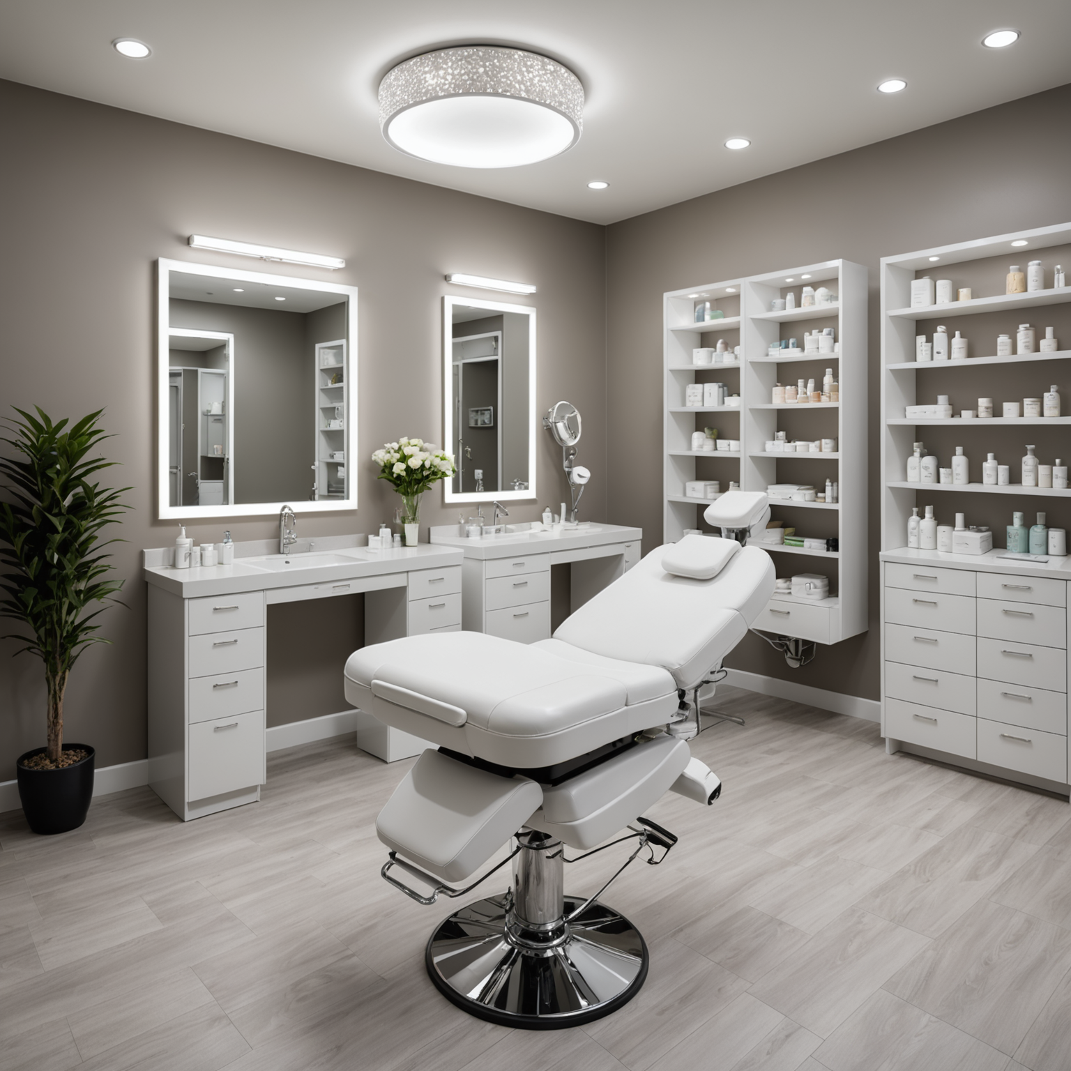 A serene cosmetic treatment room with sterile tools and skincare products, highlighting a clean and professional environment.