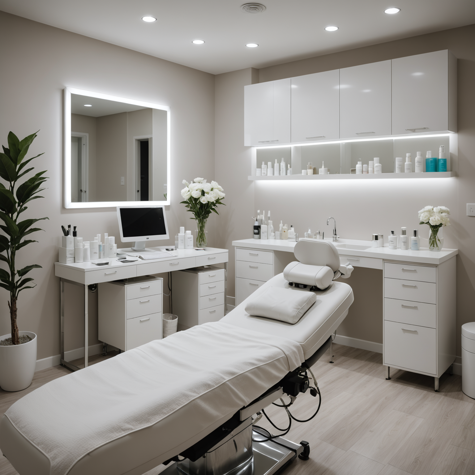 A serene cosmetic clinic room with soft lighting and an esthetician's hands preparing Botox injections