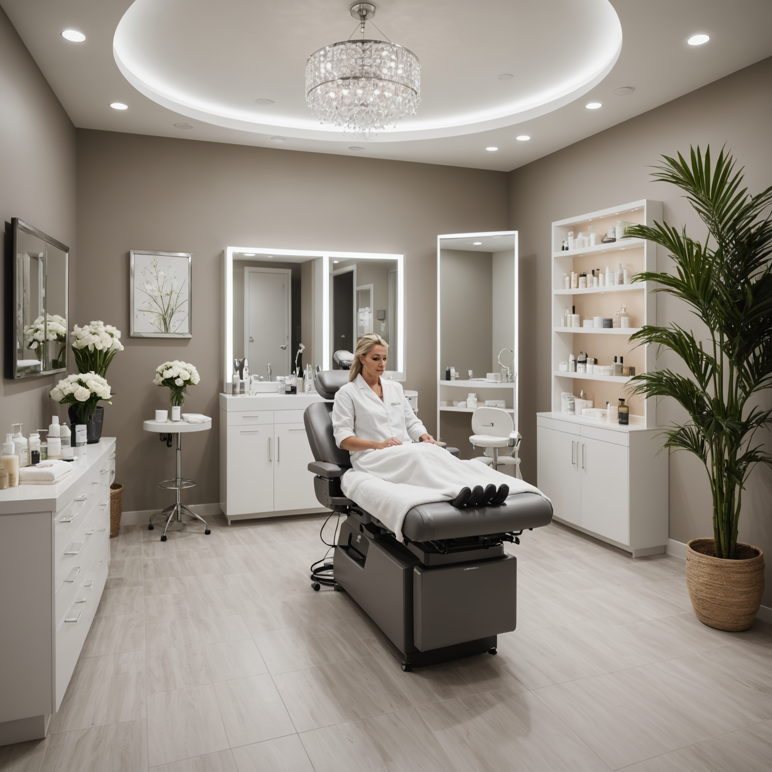 A serene spa interior with an esthetician preparing a Botox treatment station, showcasing skincare textures and sterile tools.