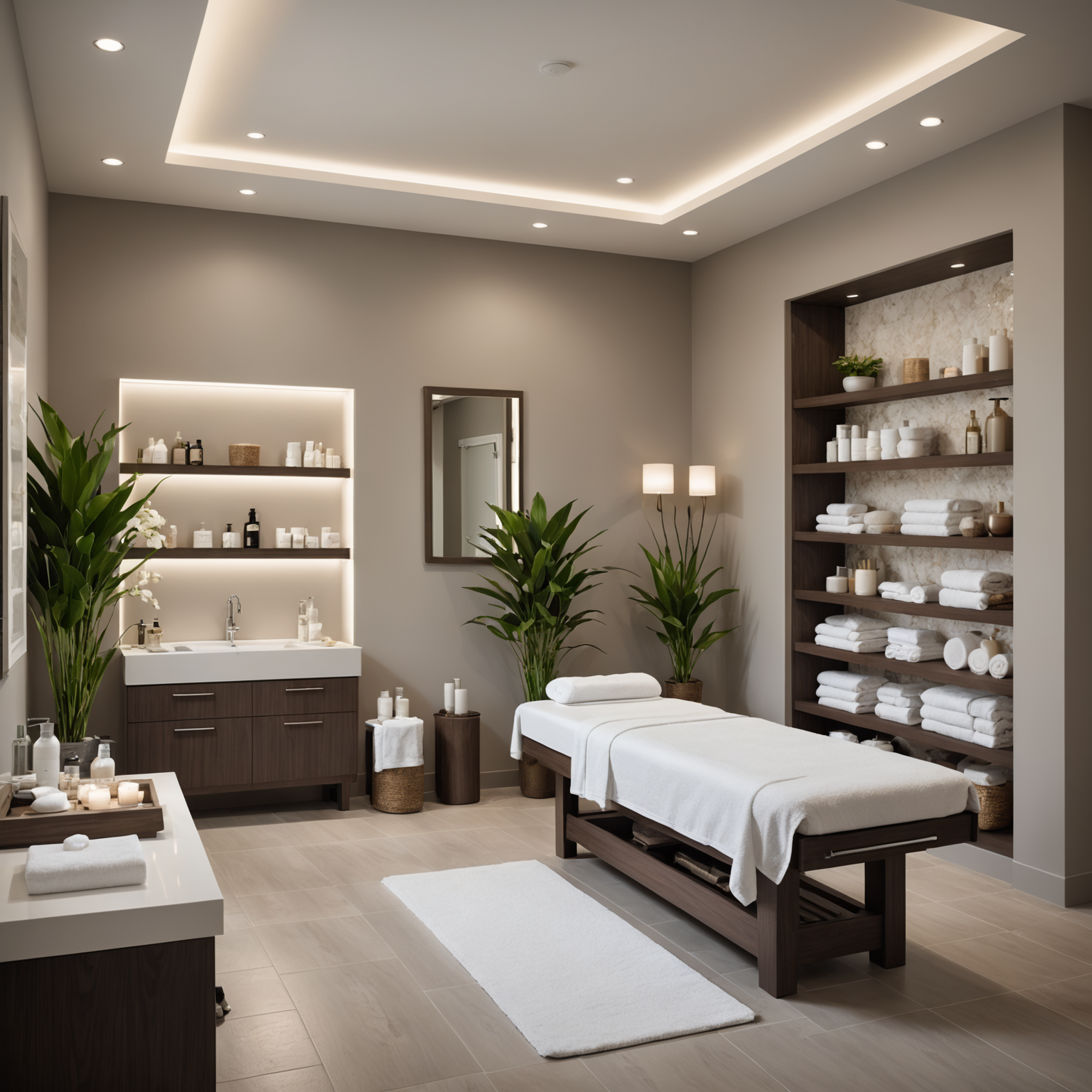 A serene spa interior with sterile tools and skincare textures arranged neatly, evoking a sense of cleanliness and professionalism.