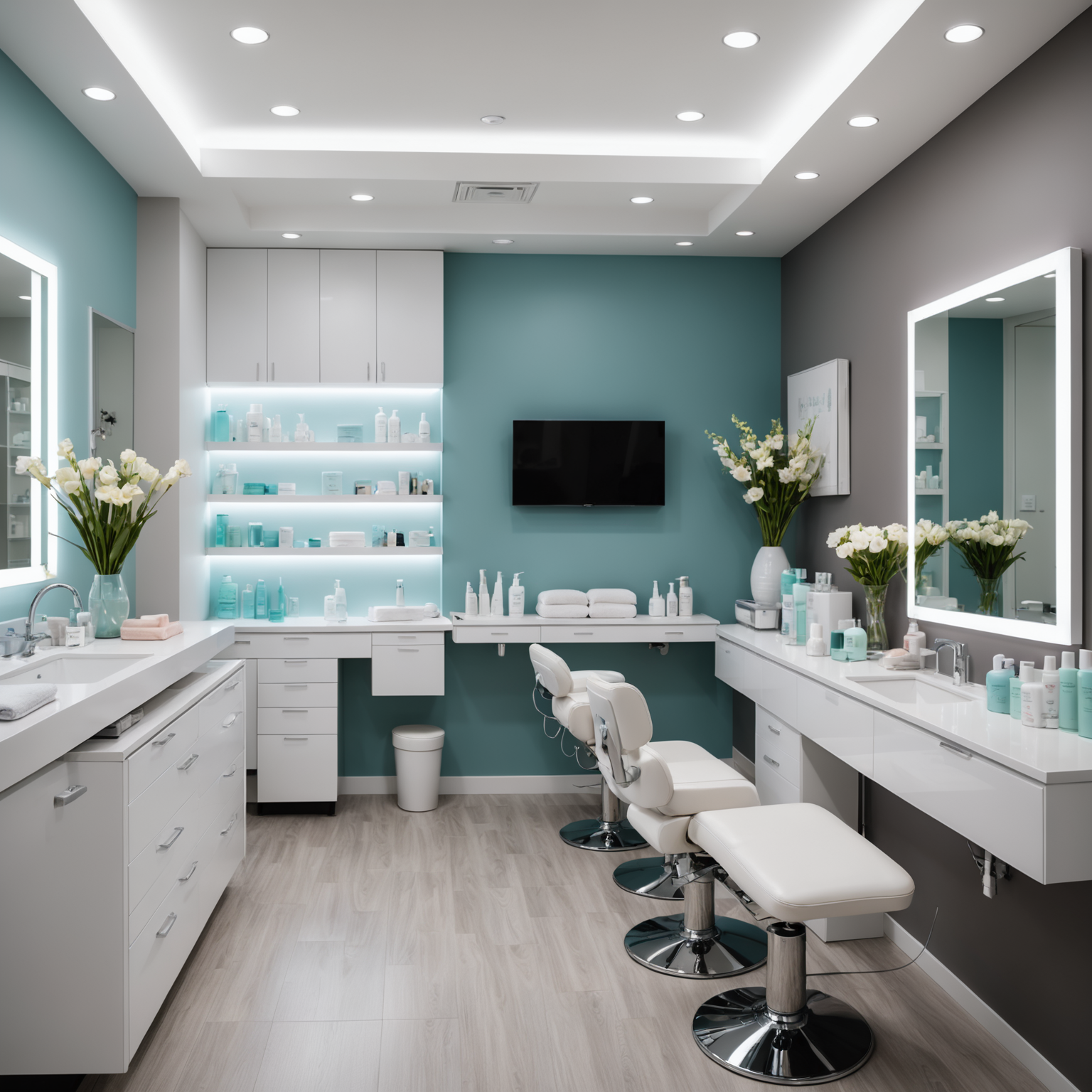 A serene cosmetic clinic interior with a treatment room setup showcasing esthetician tools and skincare products