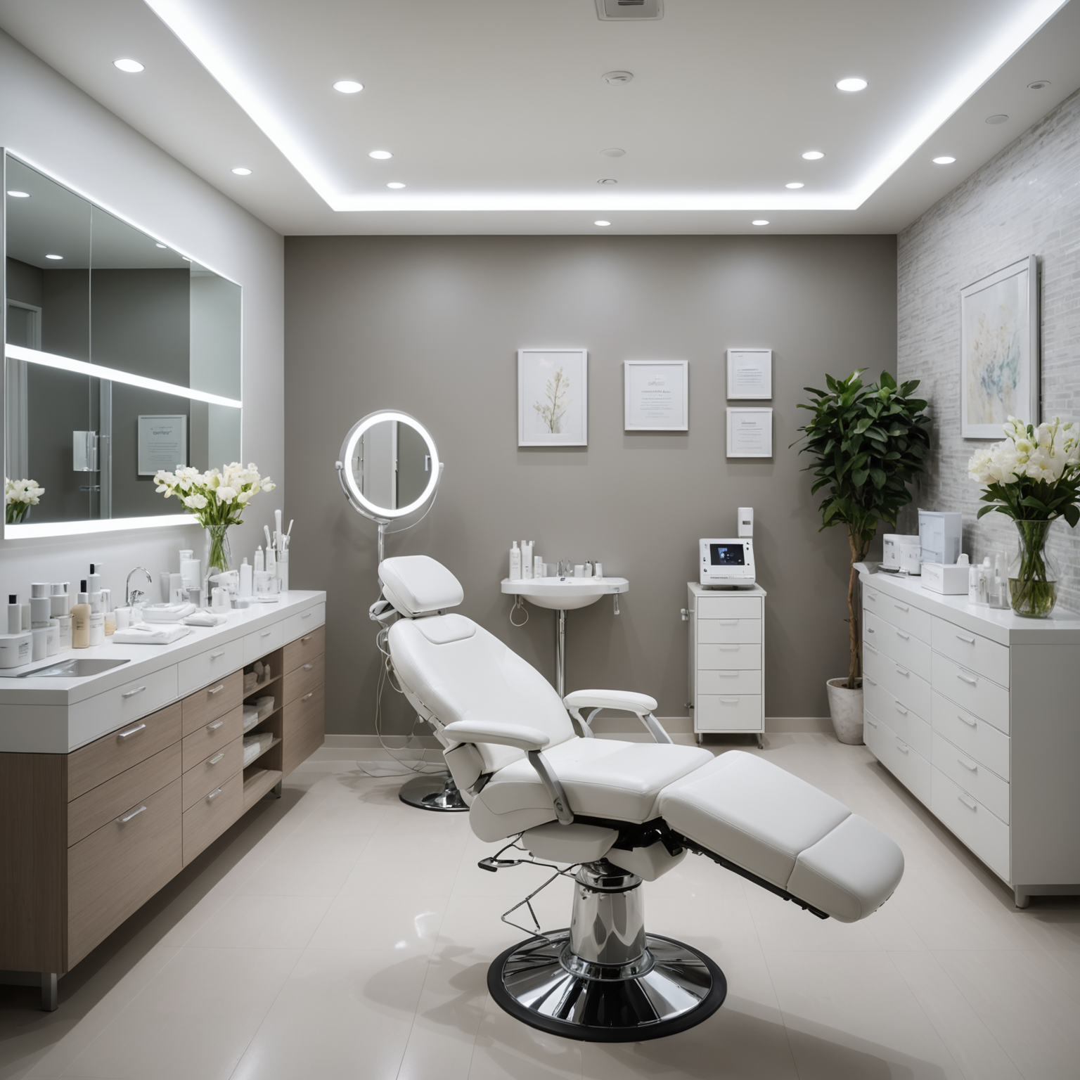 A serene cosmetic clinic room with ambient lighting, showcasing skincare tools and sterile surfaces