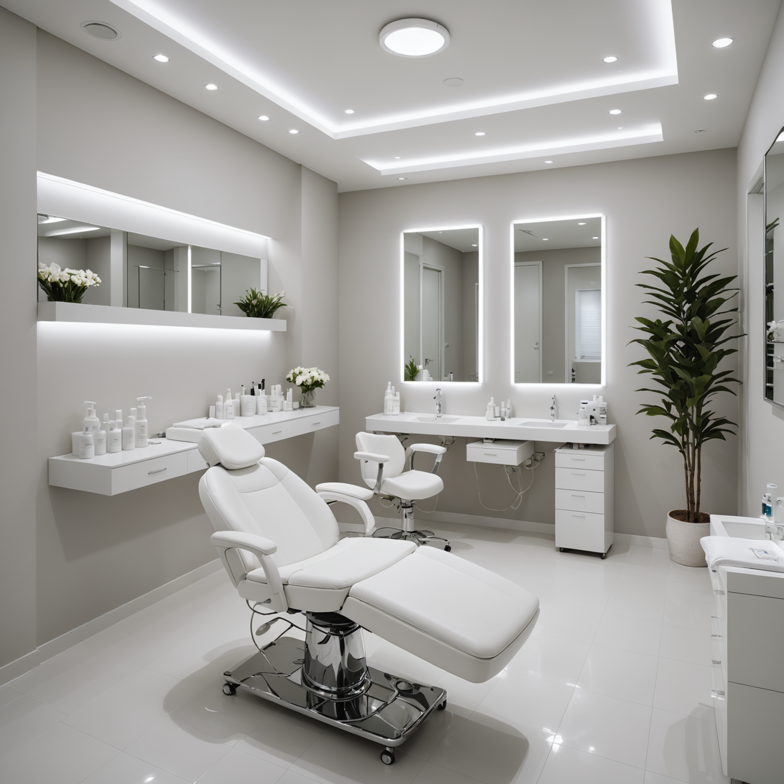 A serene cosmetic clinic treatment room with skincare textures and sterile tools