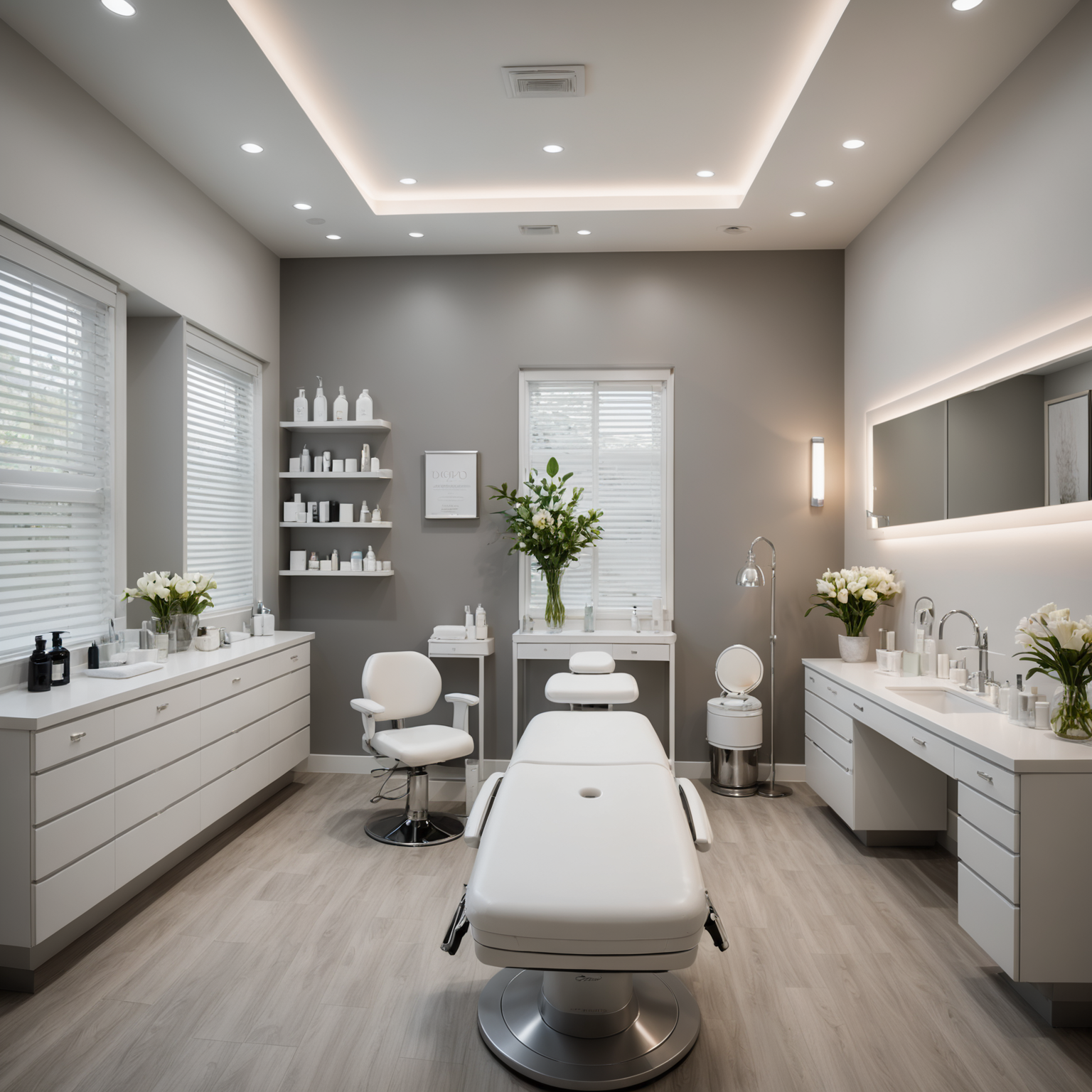 A serene cosmetic-clinic treatment room with a calming spa interior, showcasing esthetician tools and skincare textures.