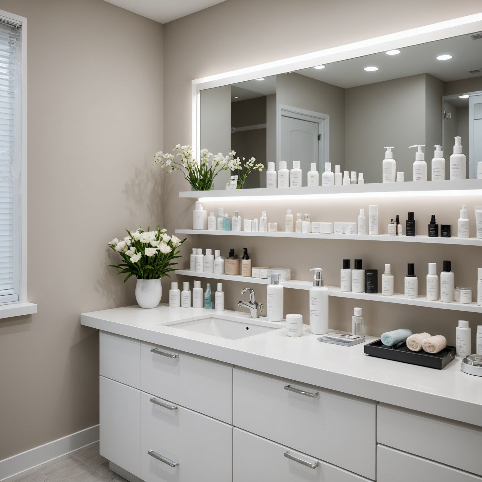 A serene cosmetic clinic treatment room, showcasing an esthetician's tools and skincare textures.