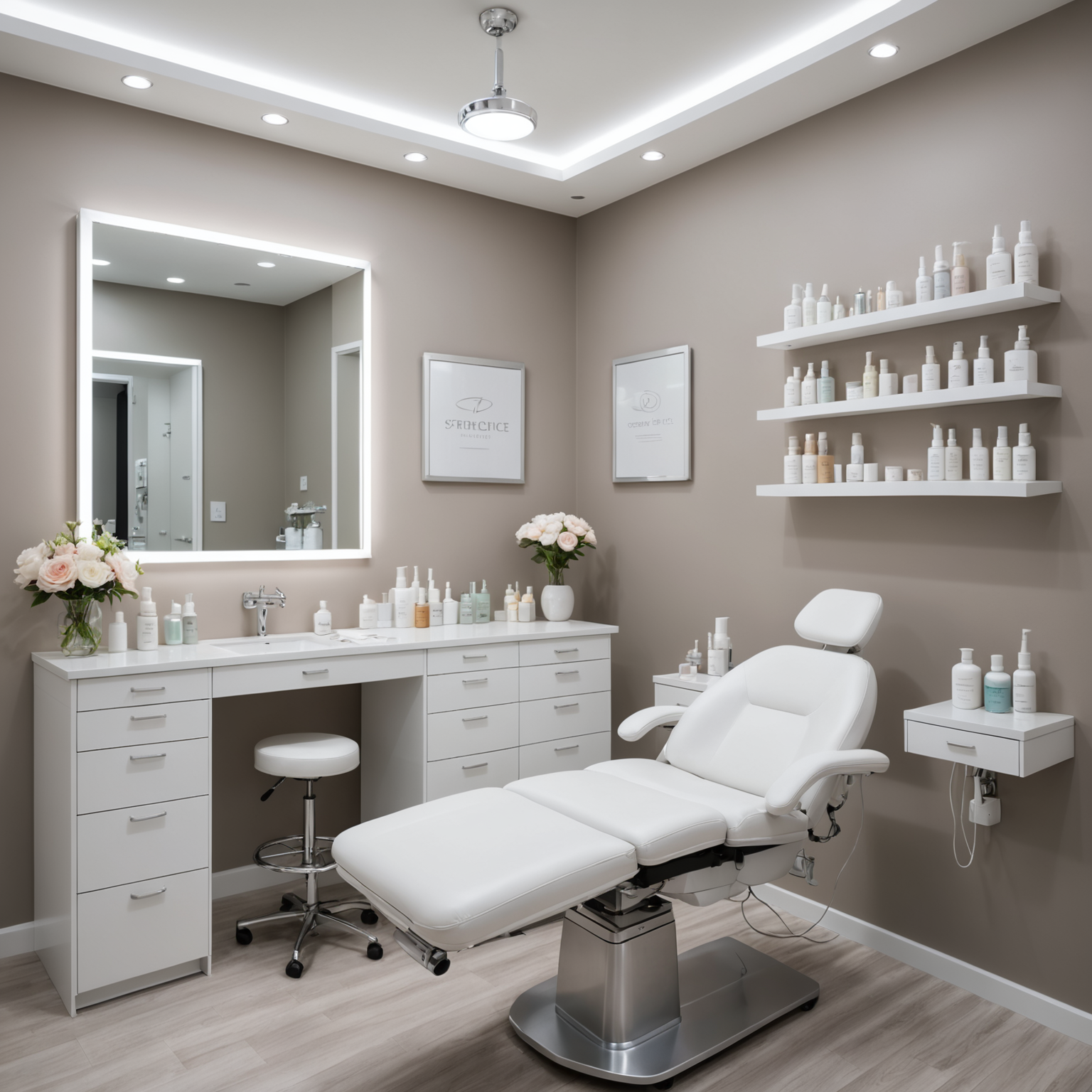 A serene cosmetic clinic treatment room with an esthetician's hands holding a syringe, surrounded by skincare textures and sterile tools.