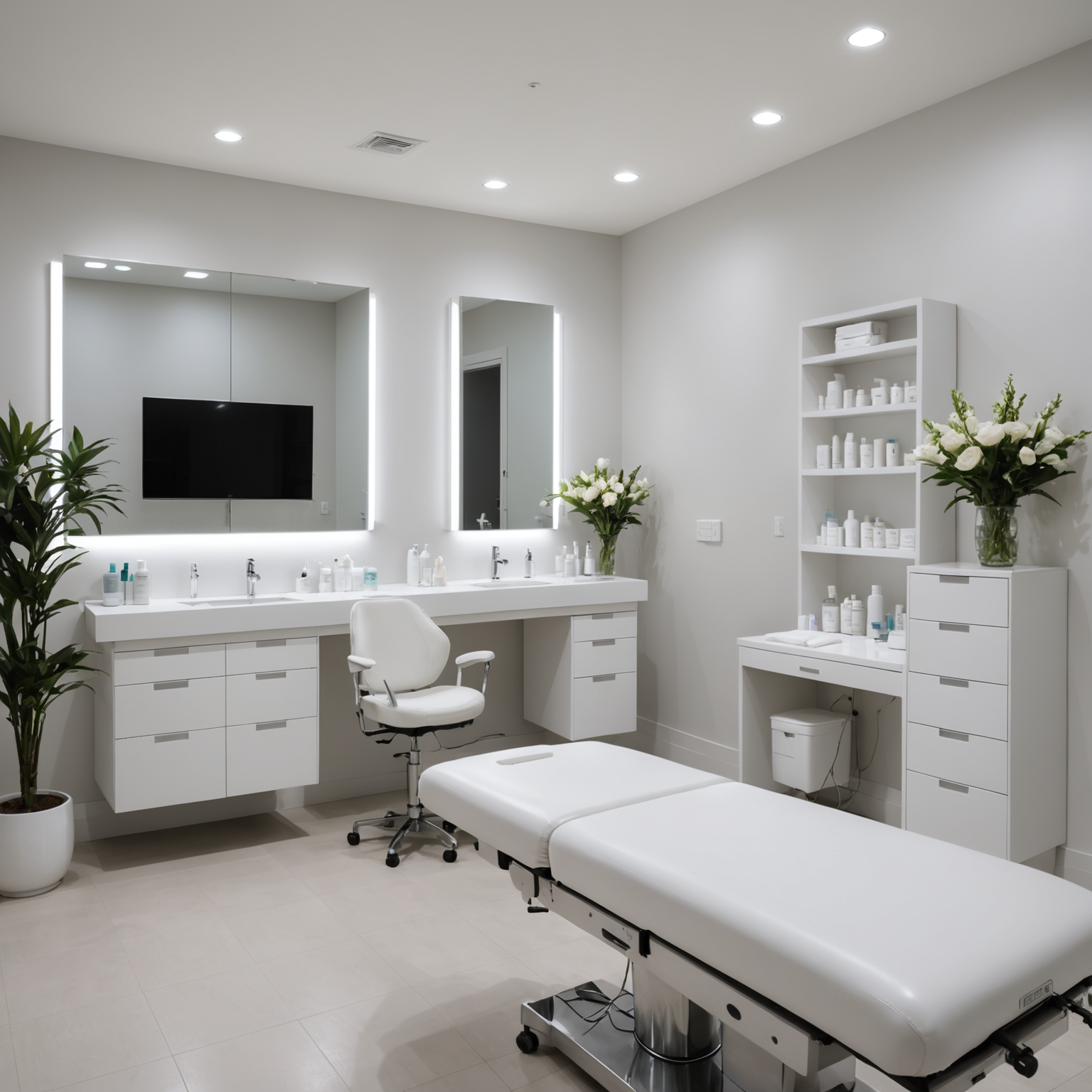 A serene cosmetic clinic treatment room with an esthetician's hands preparing Botox injections