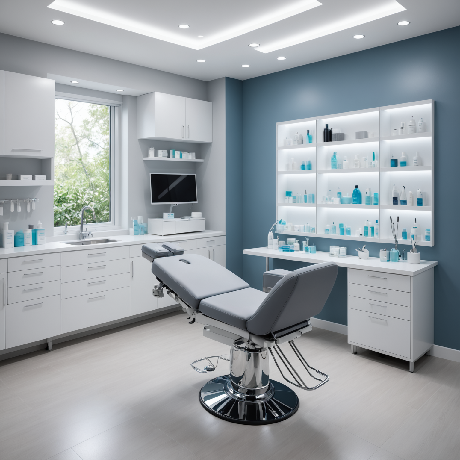 A serene cosmetic clinic treatment room with an esthetician's hands preparing sterile tools.