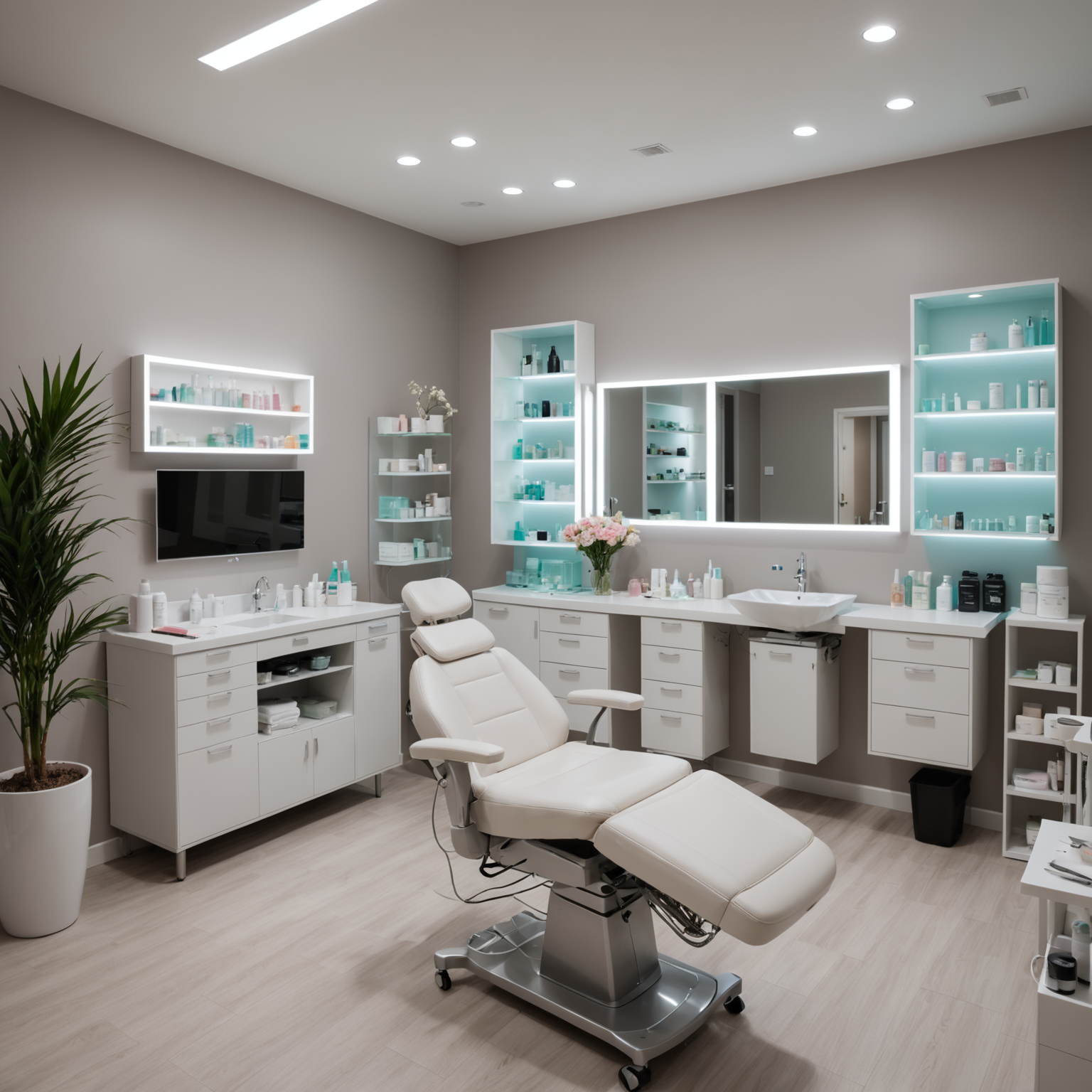 A serene cosmetic clinic treatment room with an esthetician's hands preparing Botox injections alongside sterile tools.