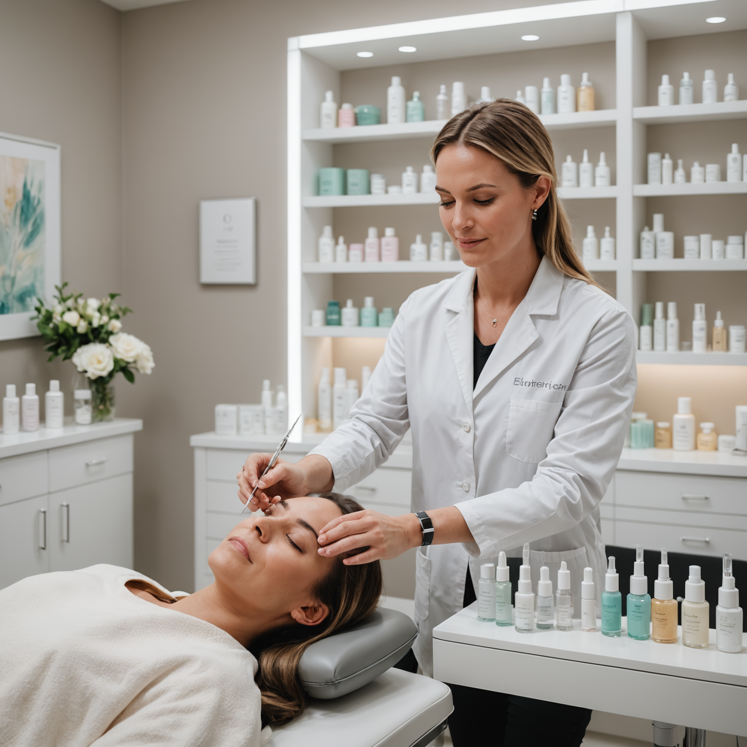 A serene cosmetic treatment room with soft lighting, an esthetician's hands gently holding a sterile syringe, and calming skincare textures nearby.
