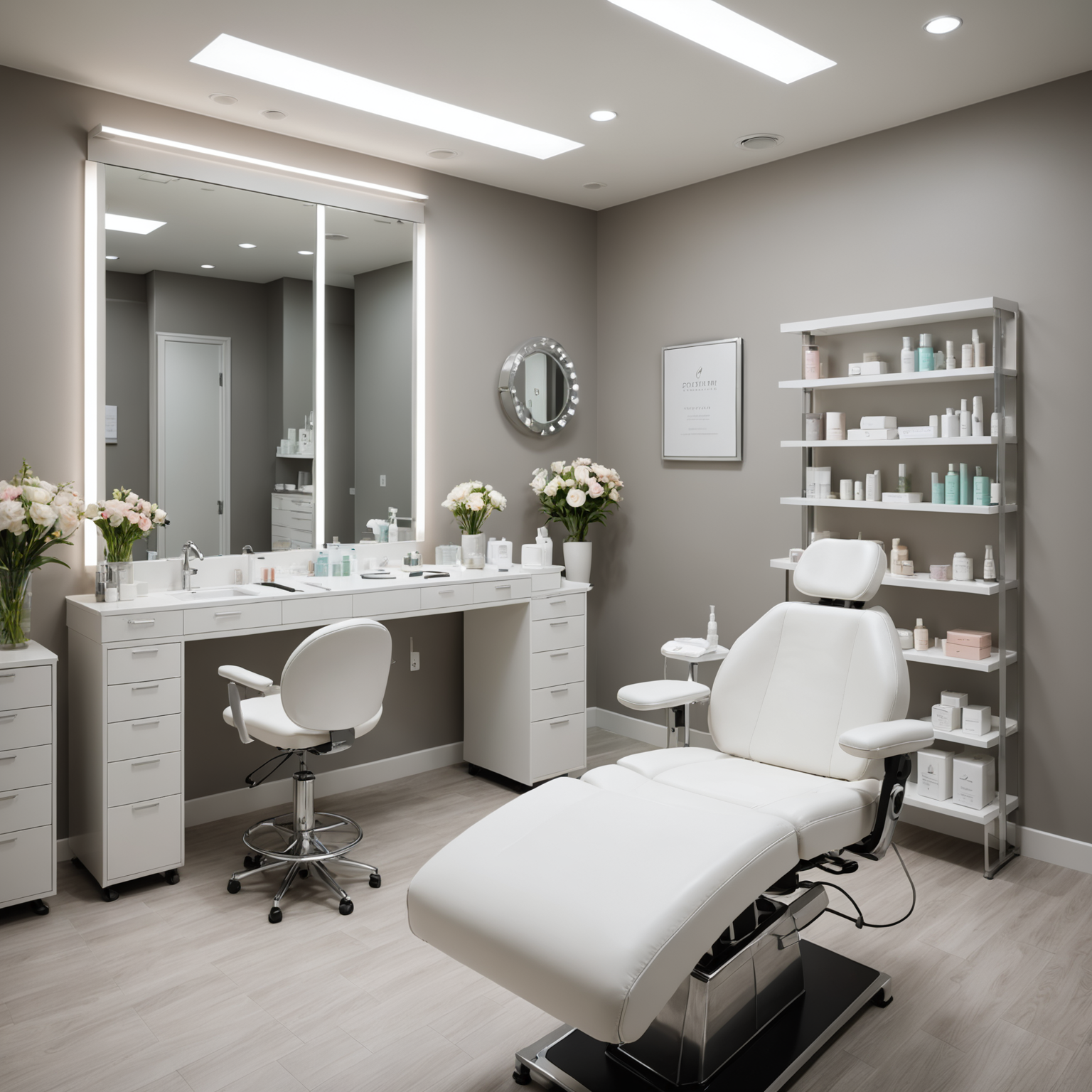 A serene cosmetic clinic treatment room with esthetician tools neatly arranged