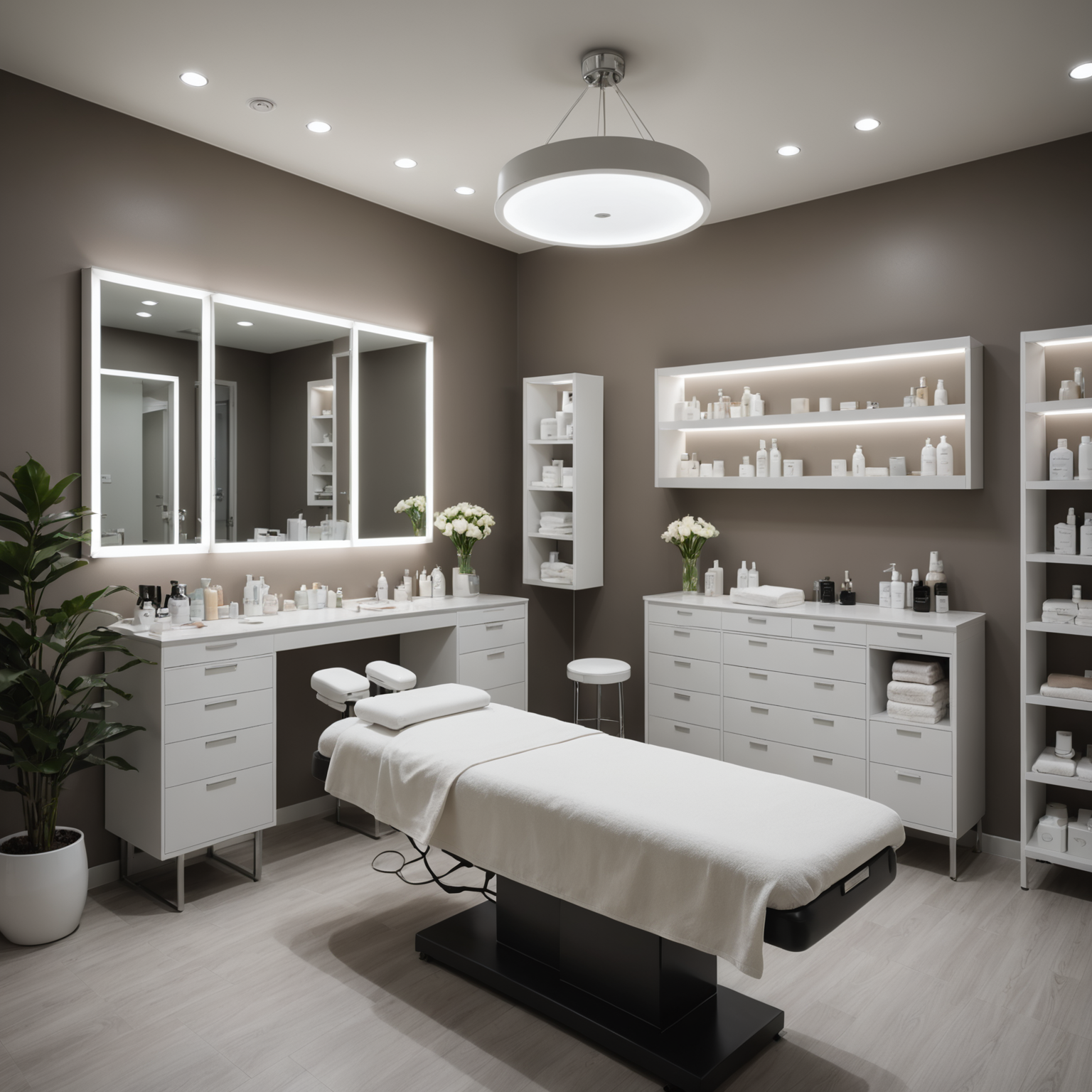 A serene treatment room in a cosmetic clinic, showcasing esthetician hands, skincare textures, and sterile tools.