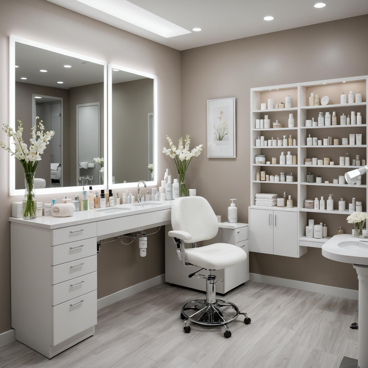 A serene cosmetic treatment room with skincare textures and esthetician tools
