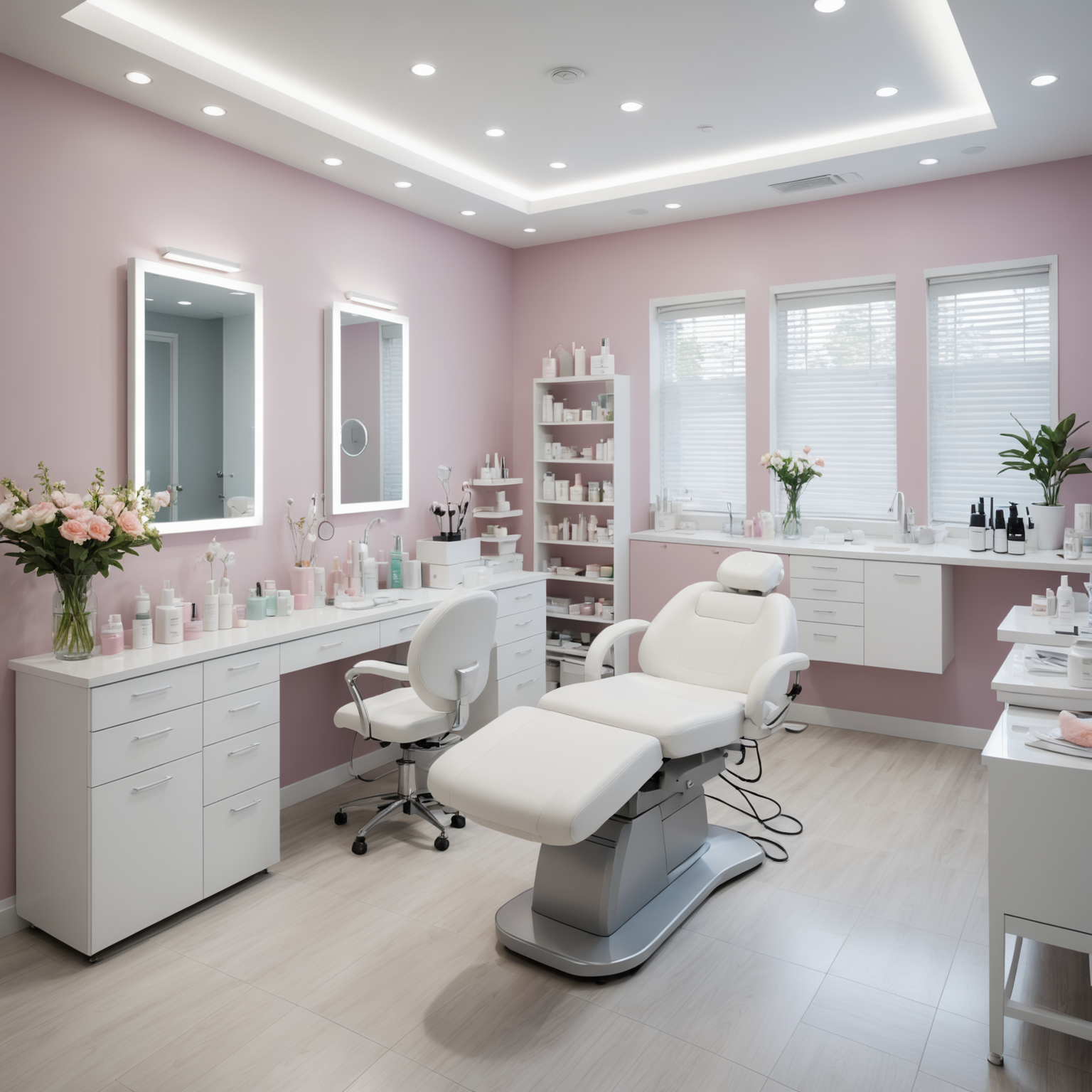 A serene cosmetic clinic treatment room with an esthetician preparing tools