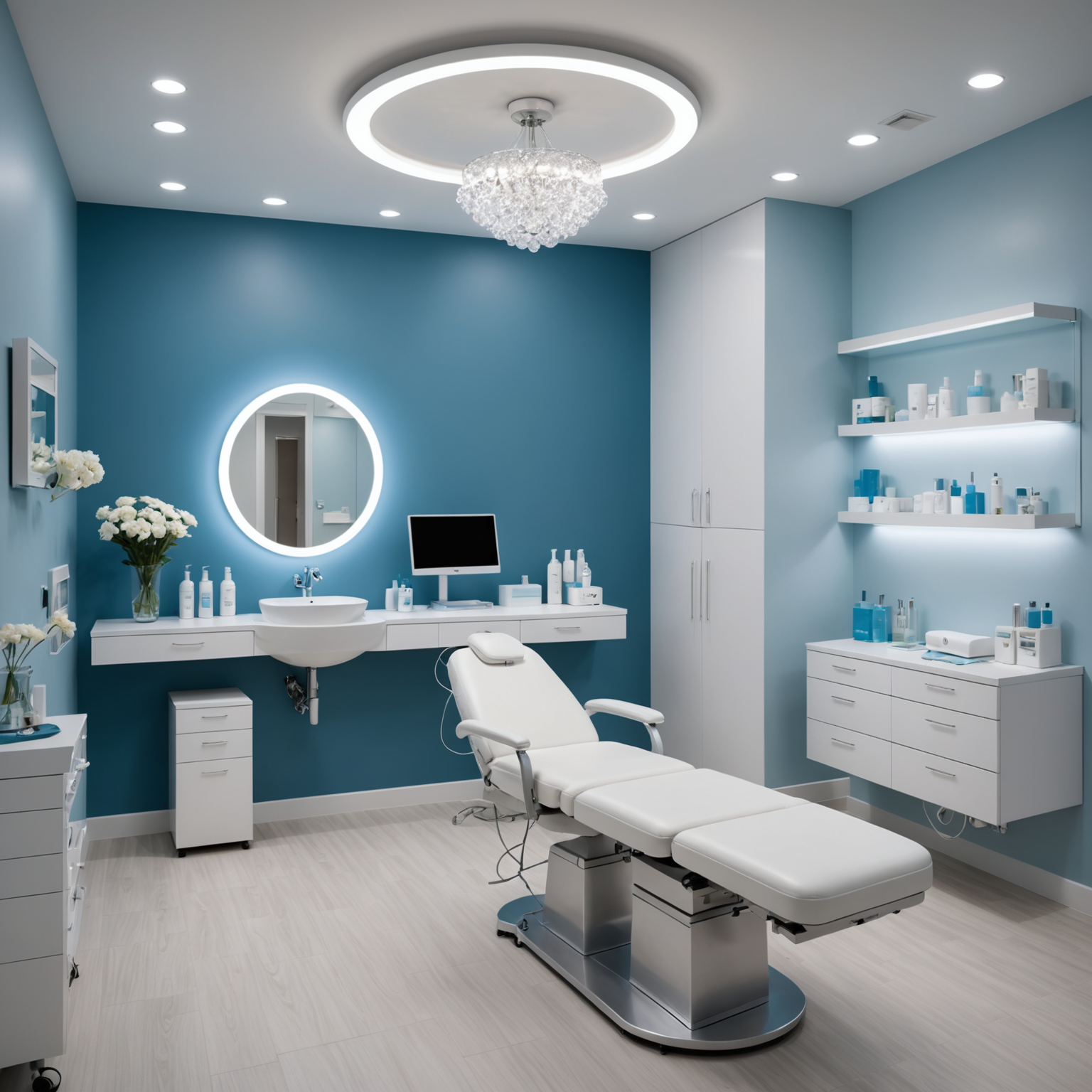 A bright and modern cosmetic clinic treatment room with a serene ambiance, featuring clean lines, sterile tools, and calming colors.