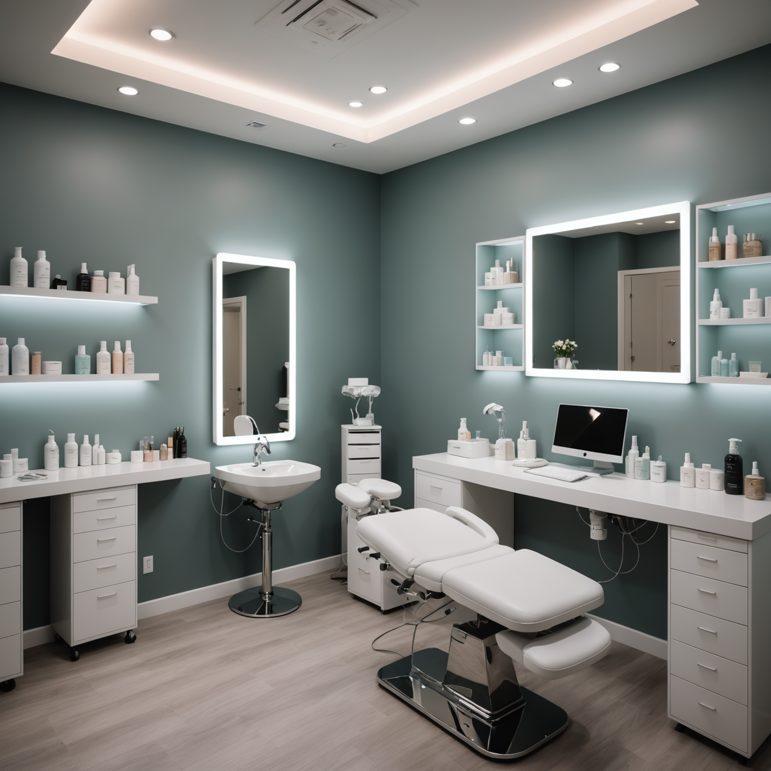 A serene cosmetic clinic treatment room with an esthetician preparing sterile tools for a Botox session