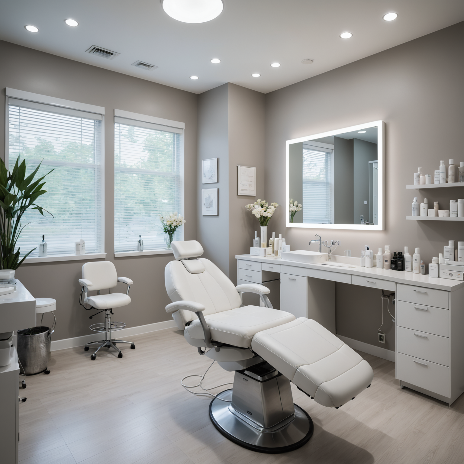A serene cosmetic clinic room with an esthetician preparing for a Botox treatment, showcasing sterile tools and calming spa interior.
