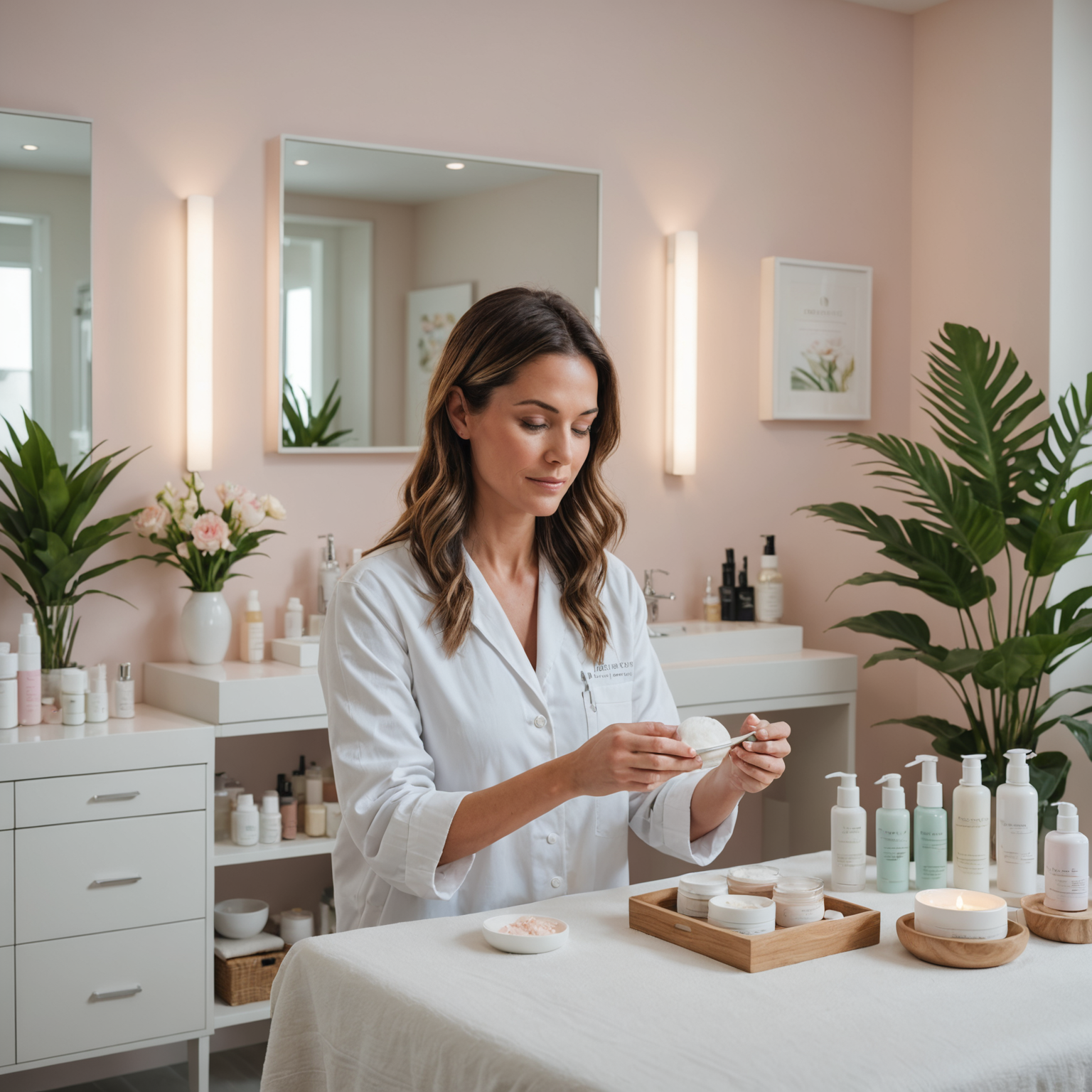 A serene treatment room with an esthetician's hands gently applying skincare products