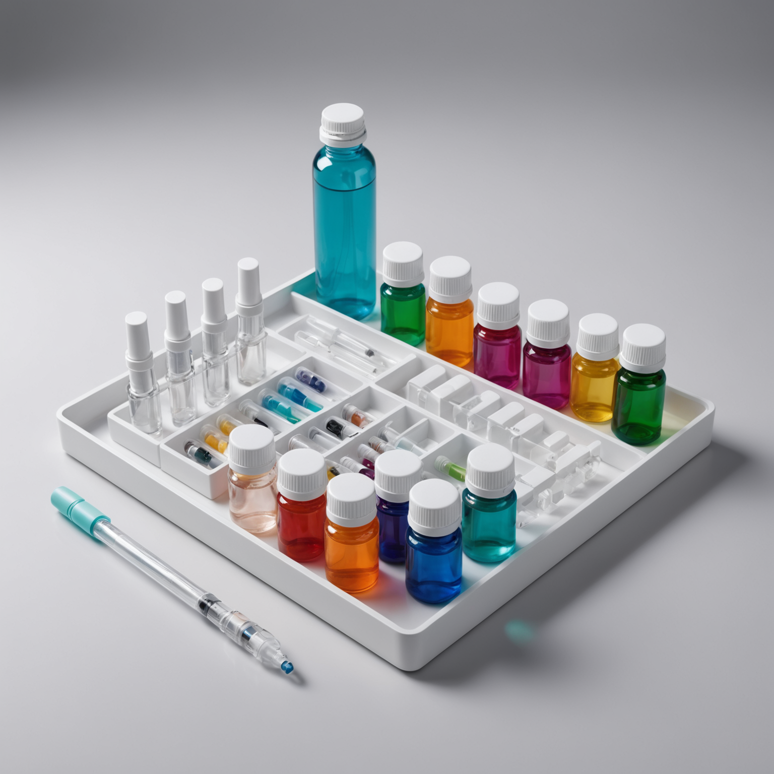 neatly arranged injectable vials and sterile tools on a white tray with soft diffused lighting