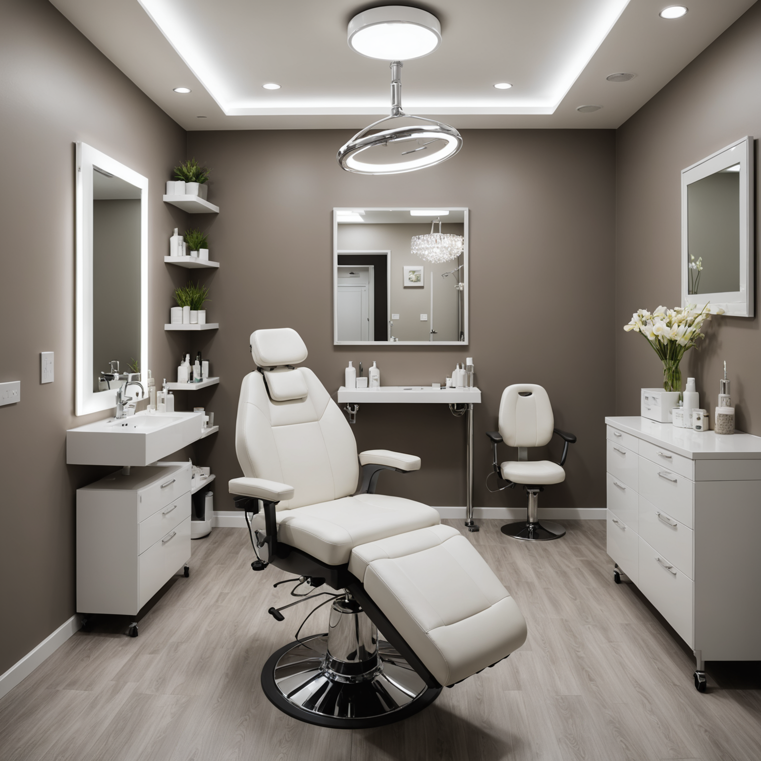 A serene, well-equipped cosmetic treatment room with soft lighting, esthetician tools neatly arranged, and a comfortable treatment chair.