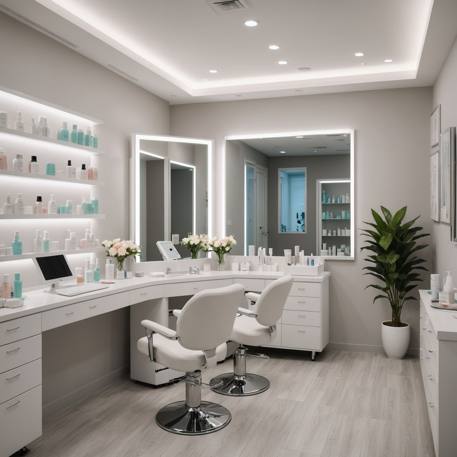 A serene cosmetic clinic treatment room with an esthetician preparing tools