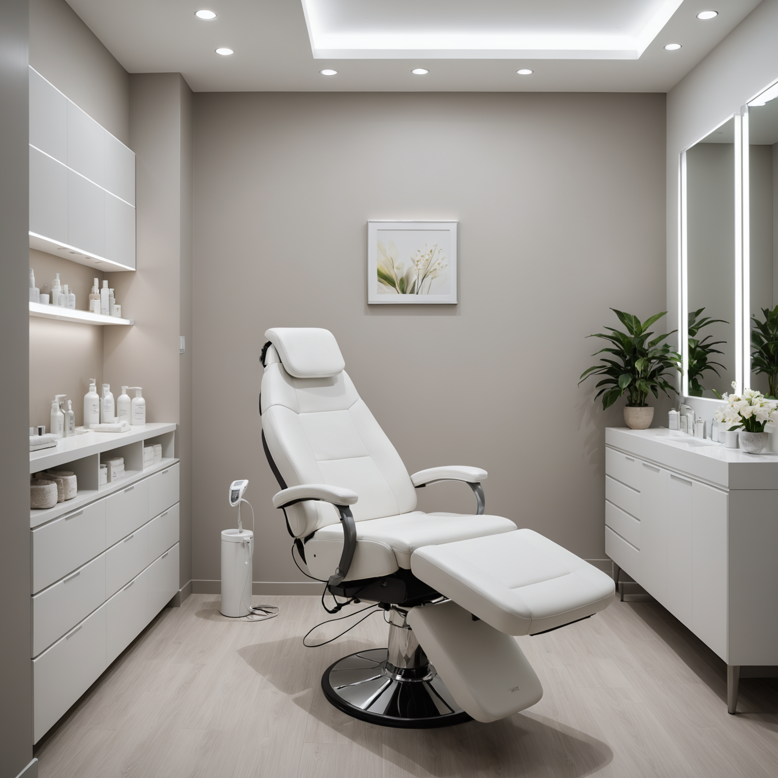 A serene cosmetic-clinic treatment room with soft lighting and a comfortable chair, ready for a botox procedure.