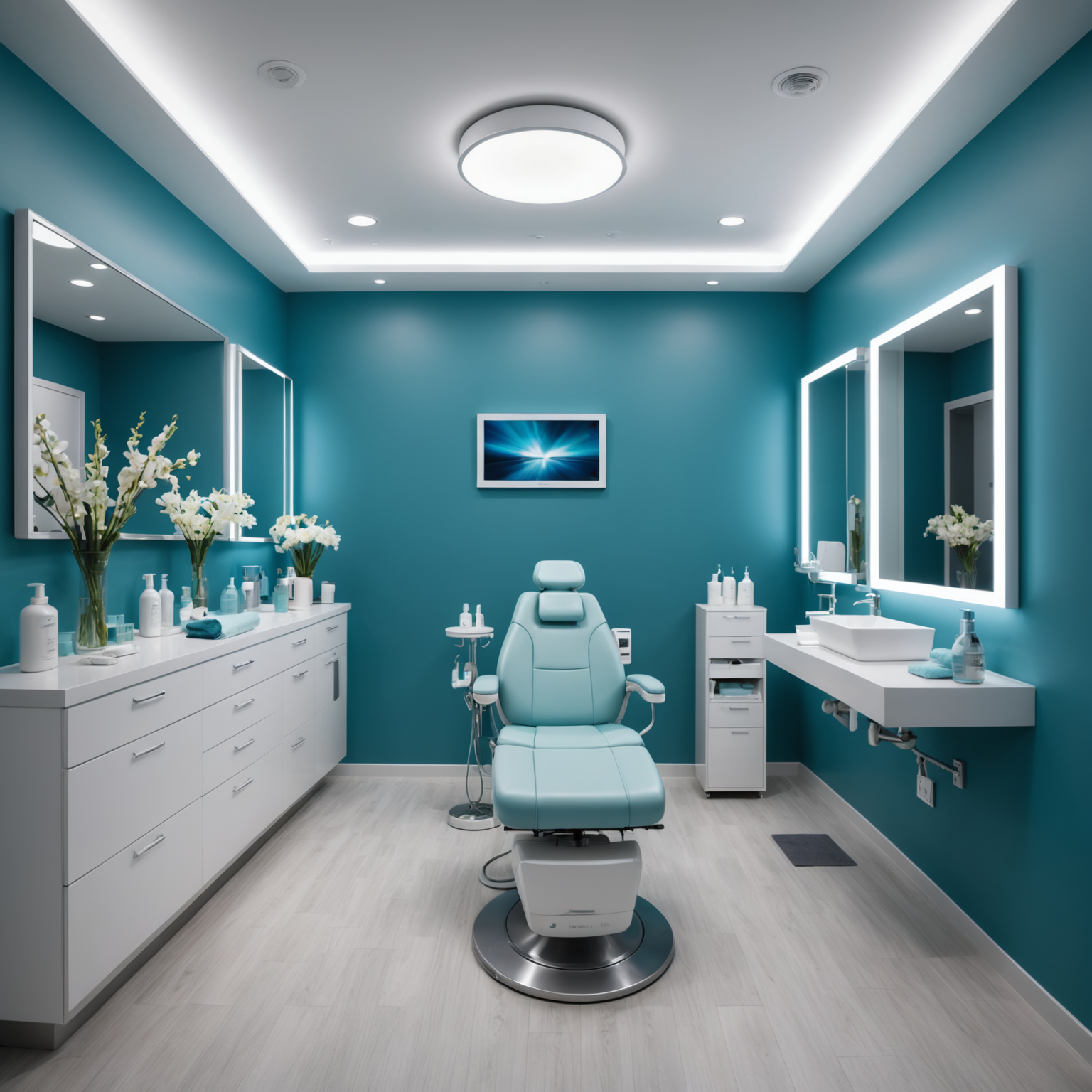 A serene cosmetic treatment room with sterile tools and skincare textures