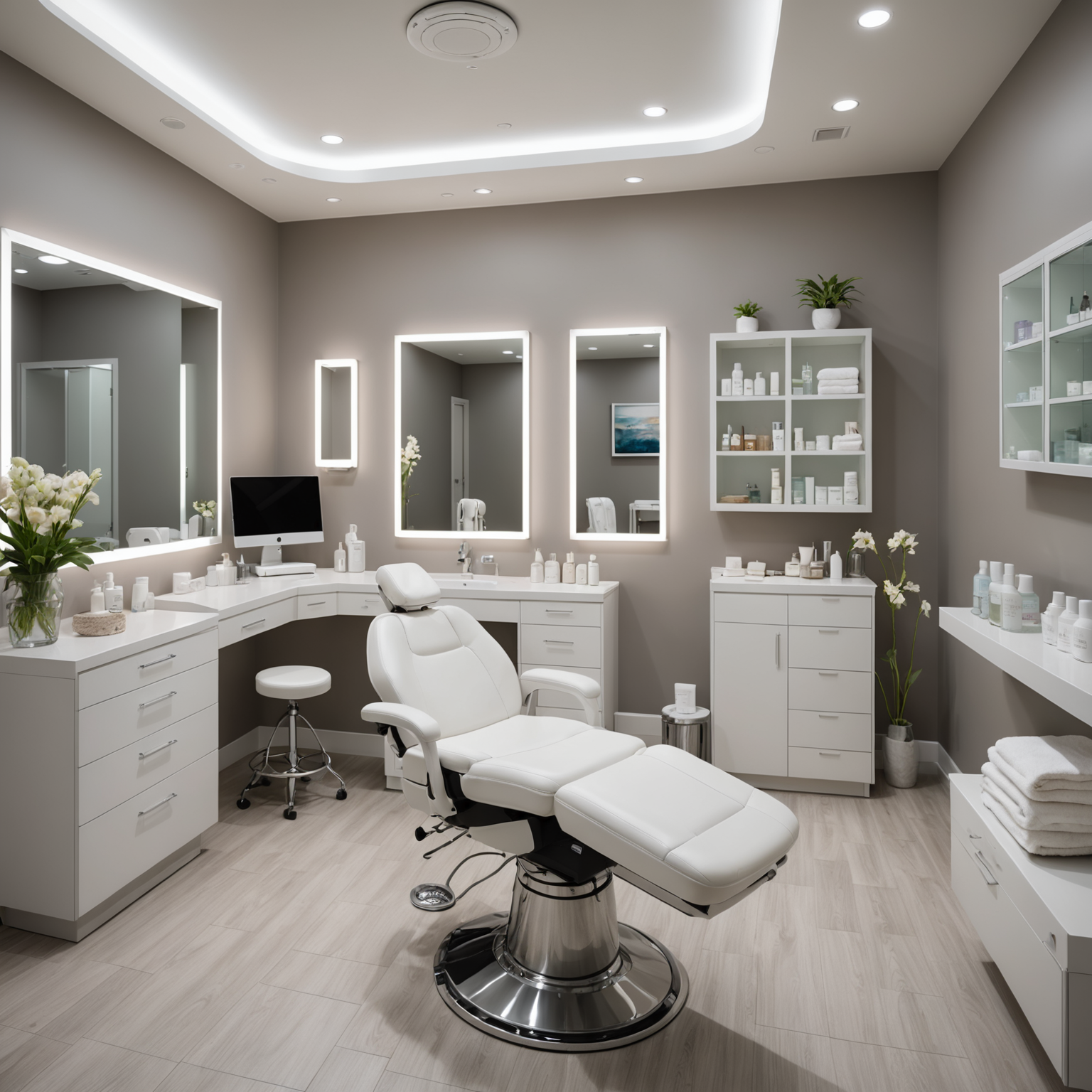 A serene cosmetic-clinic treatment room with professional skincare tools