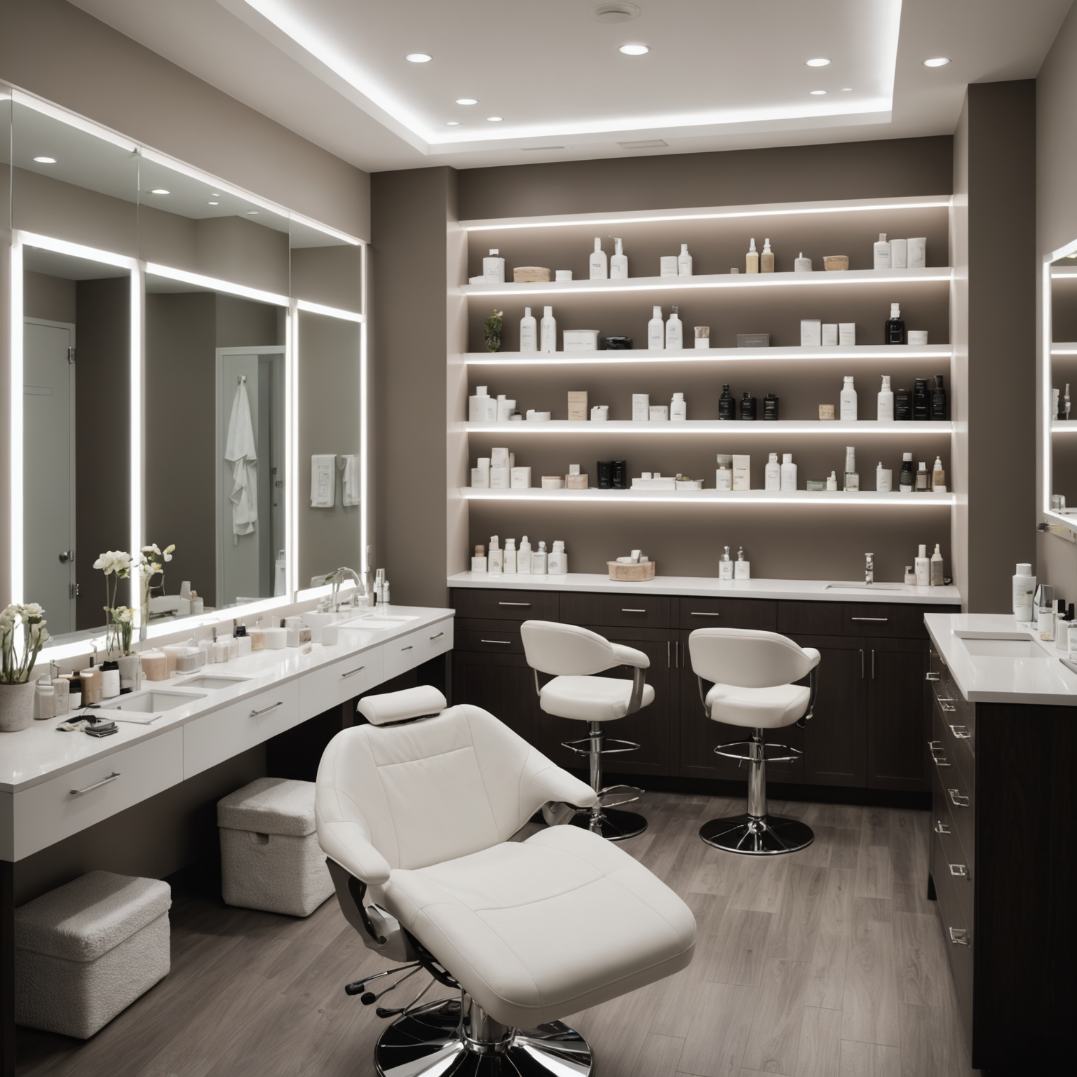 A serene cosmetic treatment room with soft lighting, an esthetician's hands preparing sterile tools, and skincare products neatly arranged.
