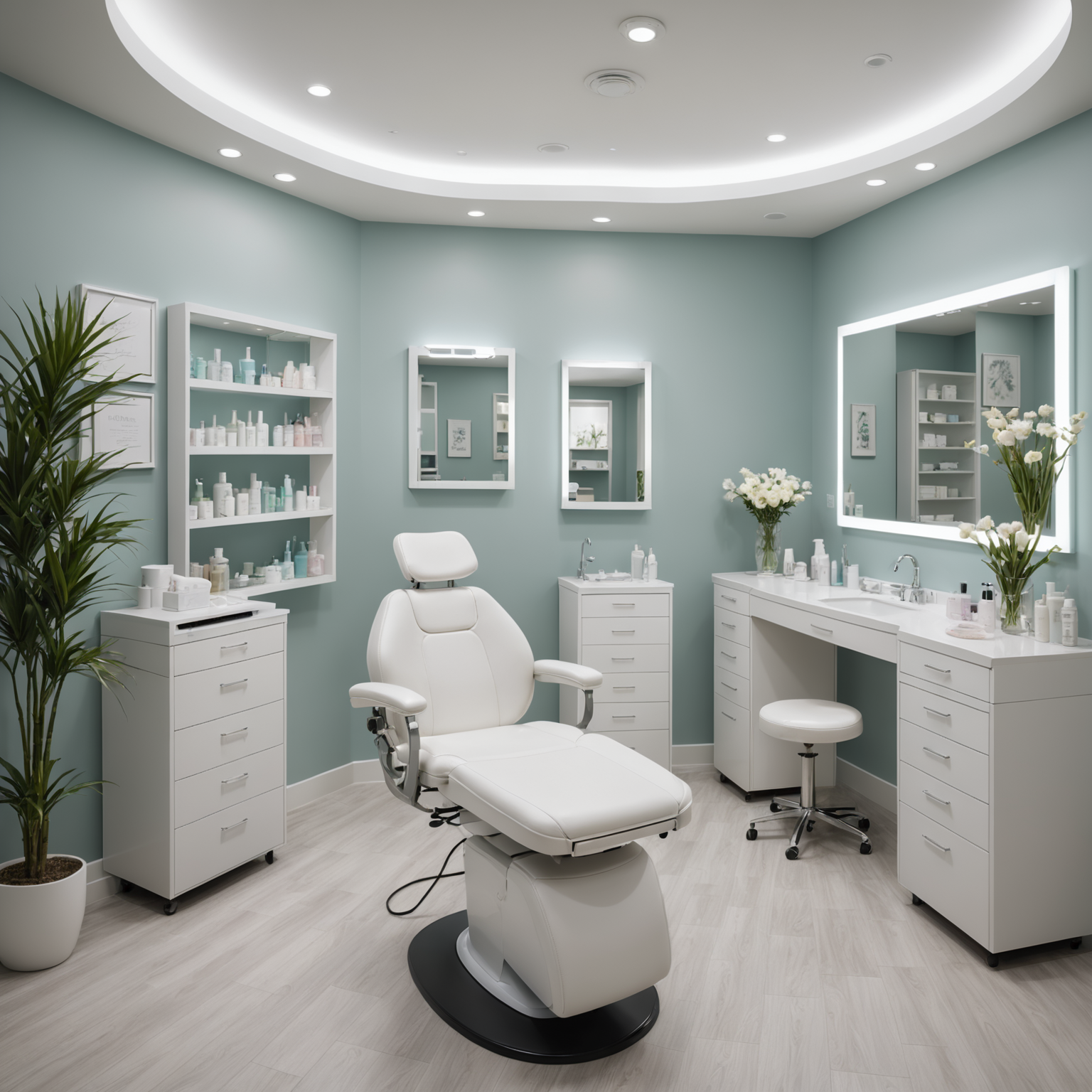 A serene cosmetic treatment room with an esthetician's gentle hands preparing sterile tools