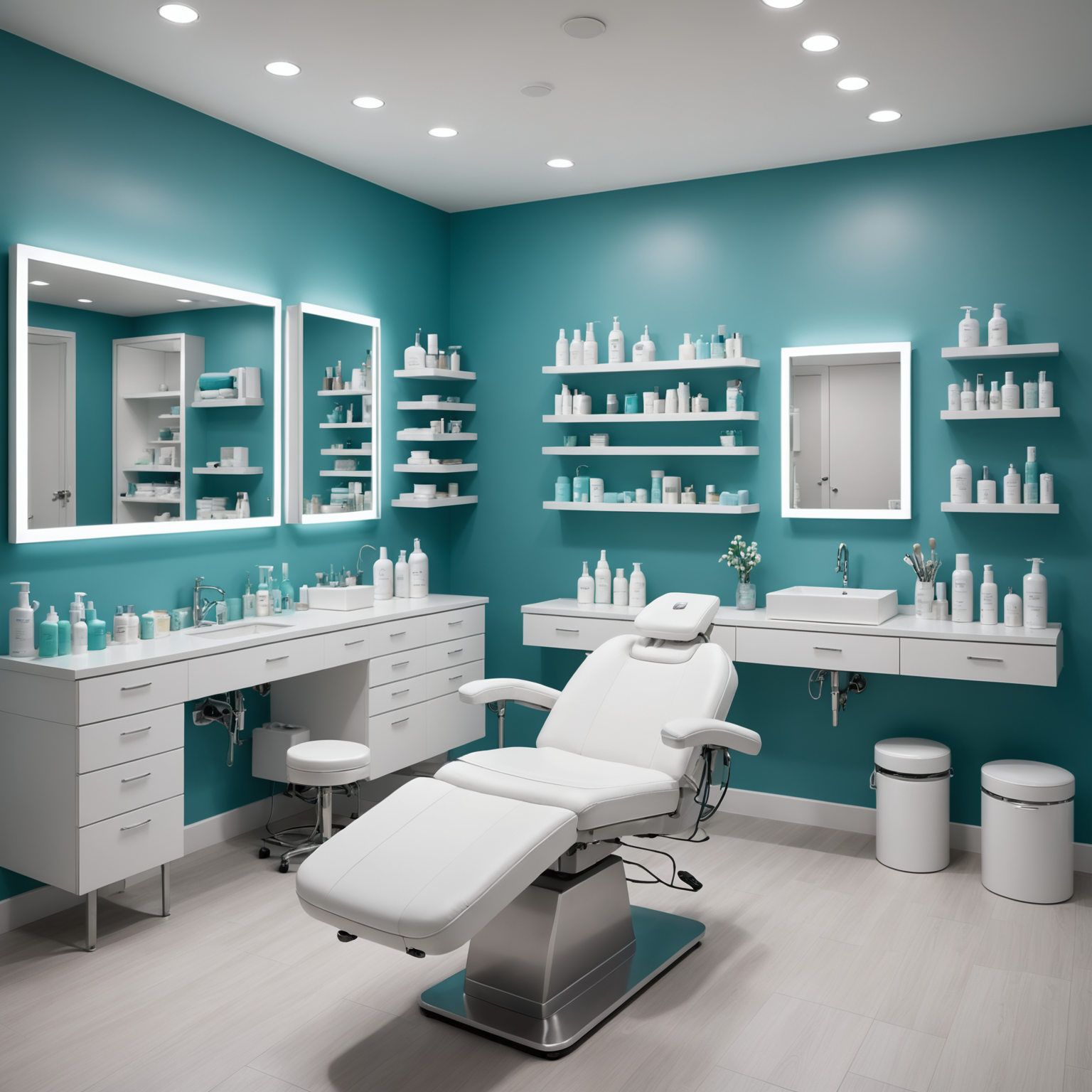 A serene and sterile cosmetic treatment room with an esthetician's tools neatly arranged
