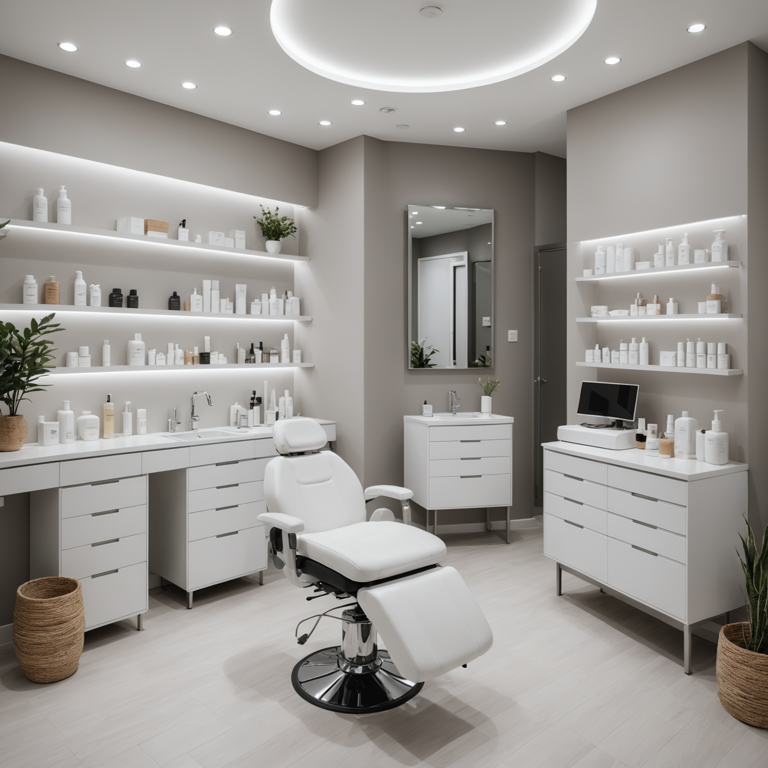 A serene cosmetic clinic treatment room with esthetician tools and skincare textures