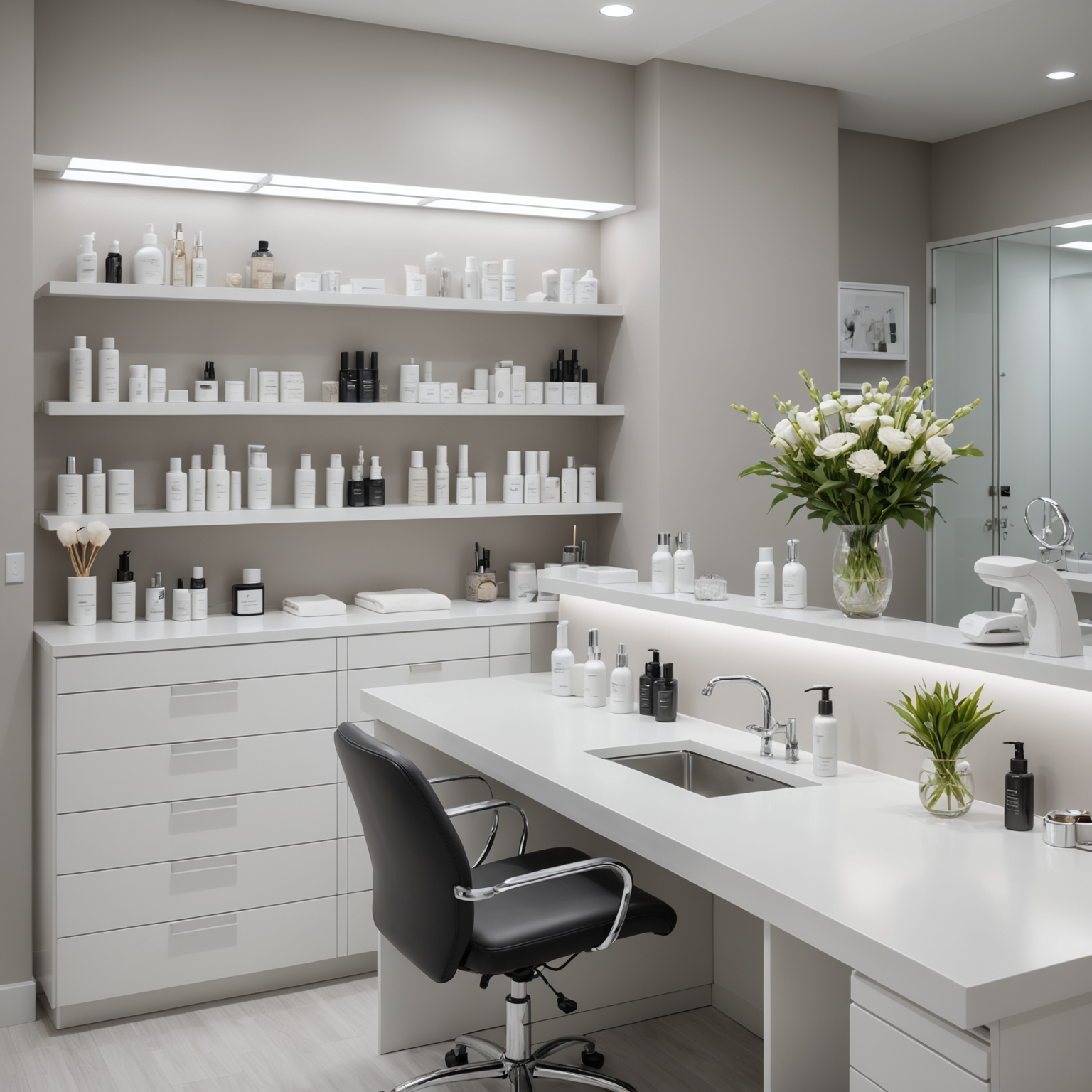 A serene cosmetic clinic treatment room with an esthetician's hands preparing tools