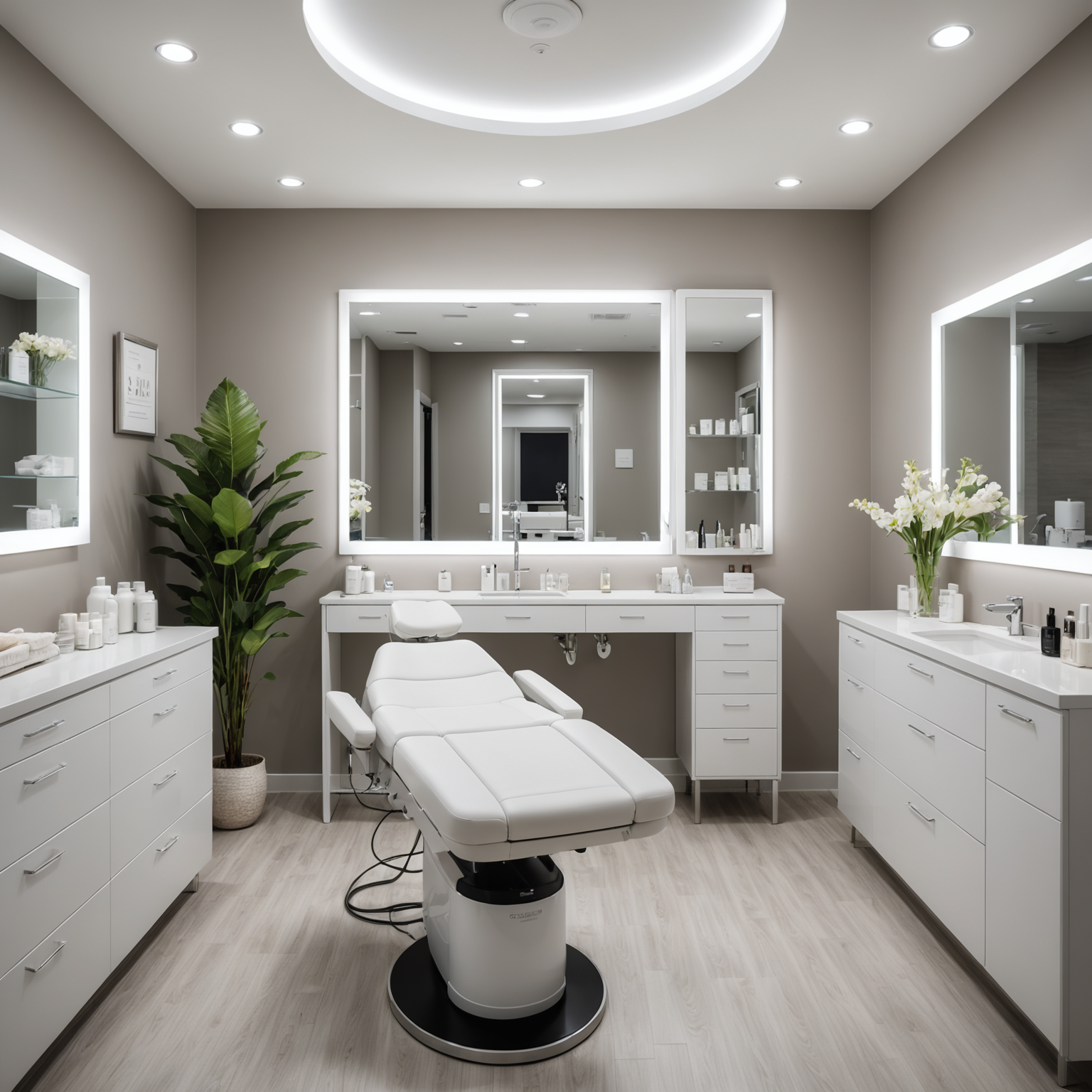 A serene cosmetic clinic treatment room with an esthetician preparing tools