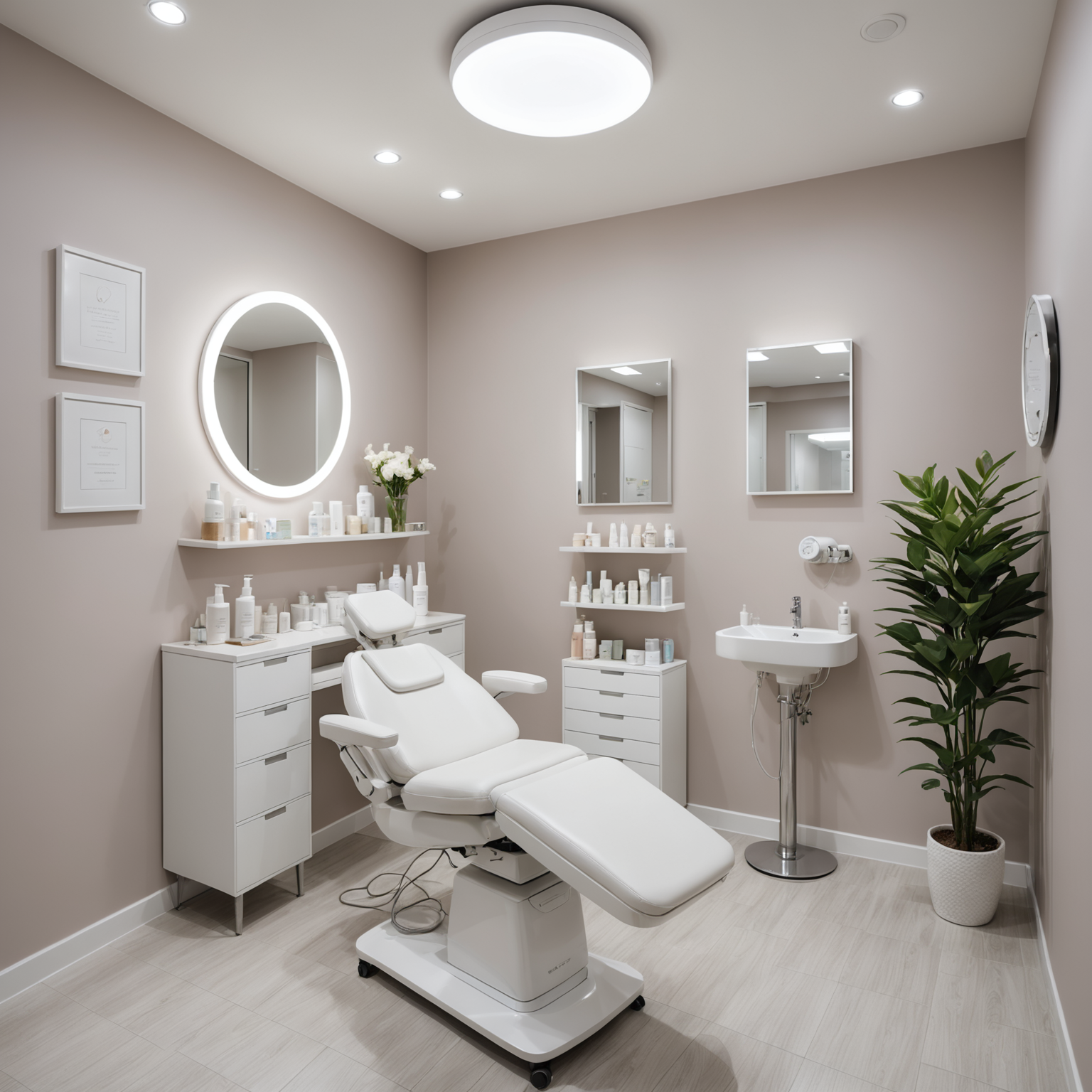 A serene cosmetic clinic treatment room with skincare textures and sterile tools