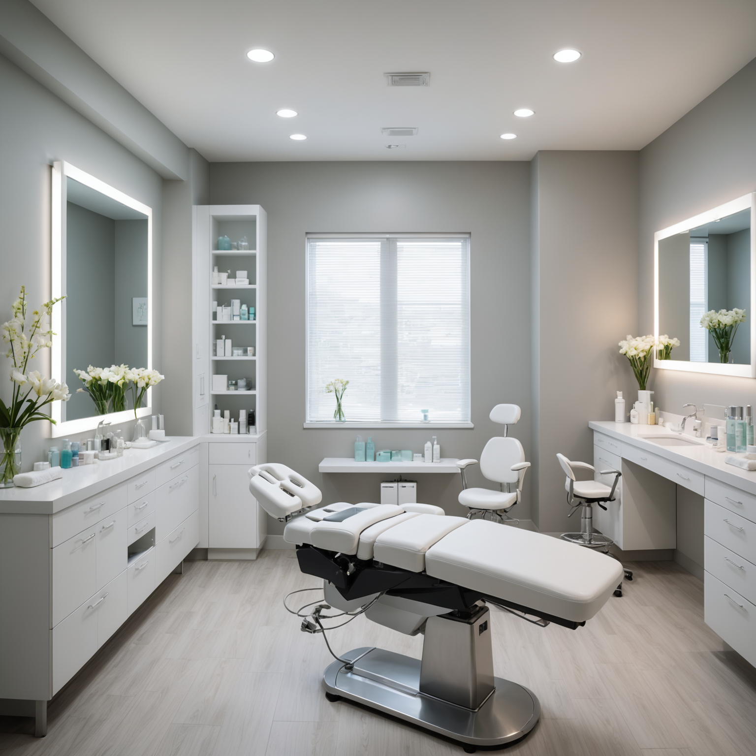 A serene cosmetic clinic treatment room with an esthetician's hands preparing sterile tools