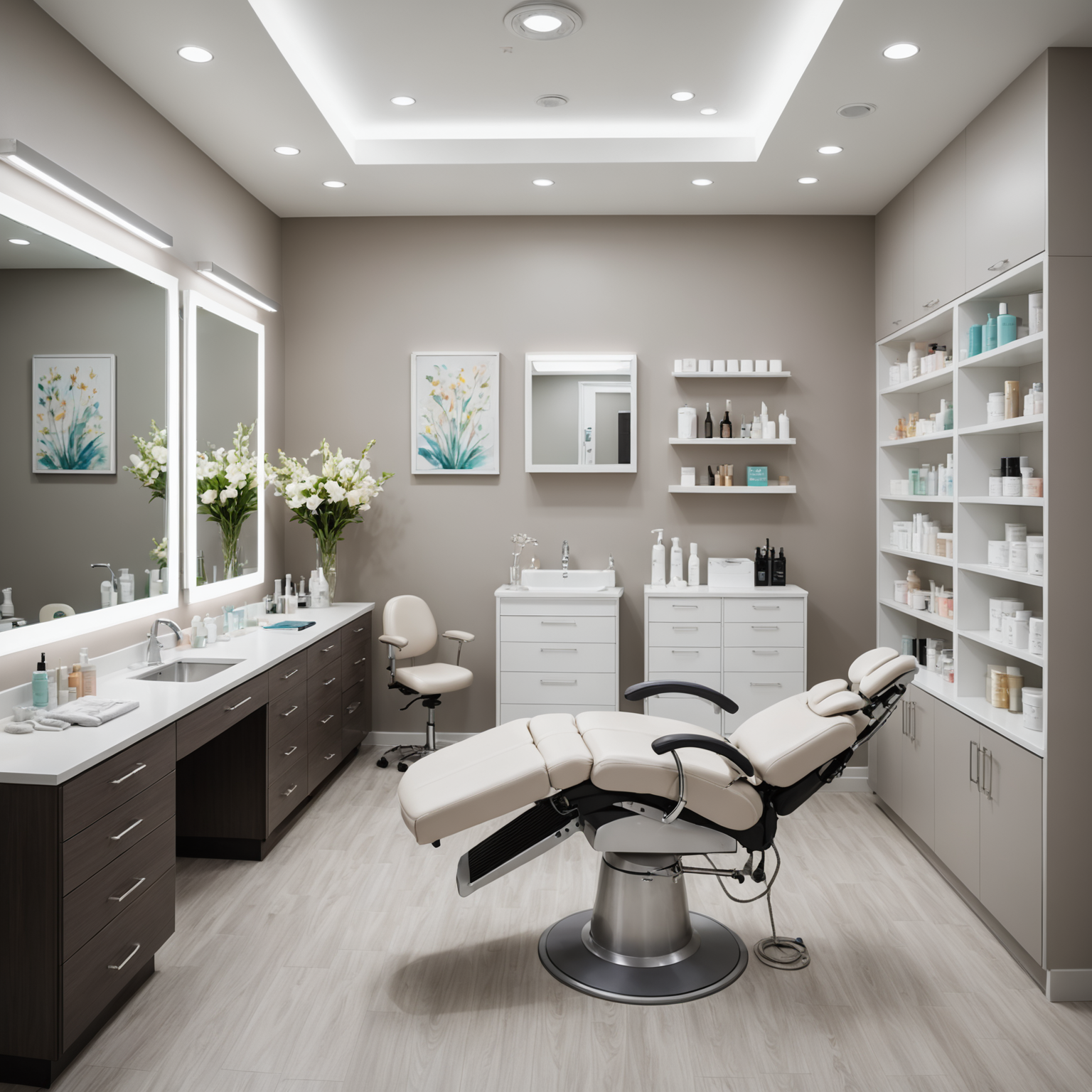 A bright, inviting cosmetic clinic treatment room with esthetician tools neatly arranged.
