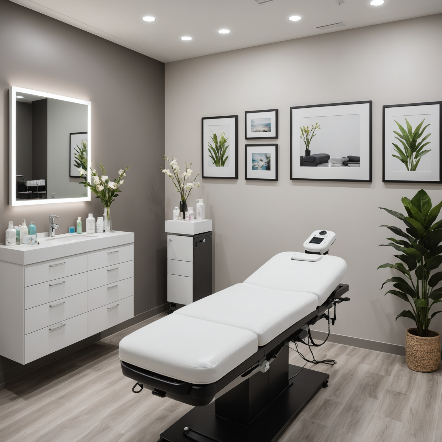 A serene cosmetic treatment room with an esthetician's hands preparing for a Botox procedure.