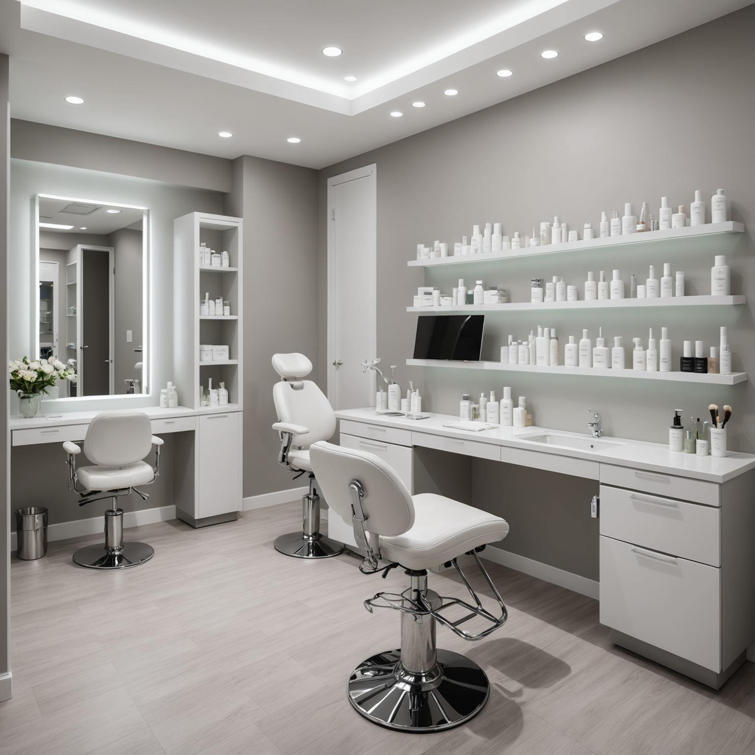 A serene cosmetic clinic interior with an esthetician preparing tools