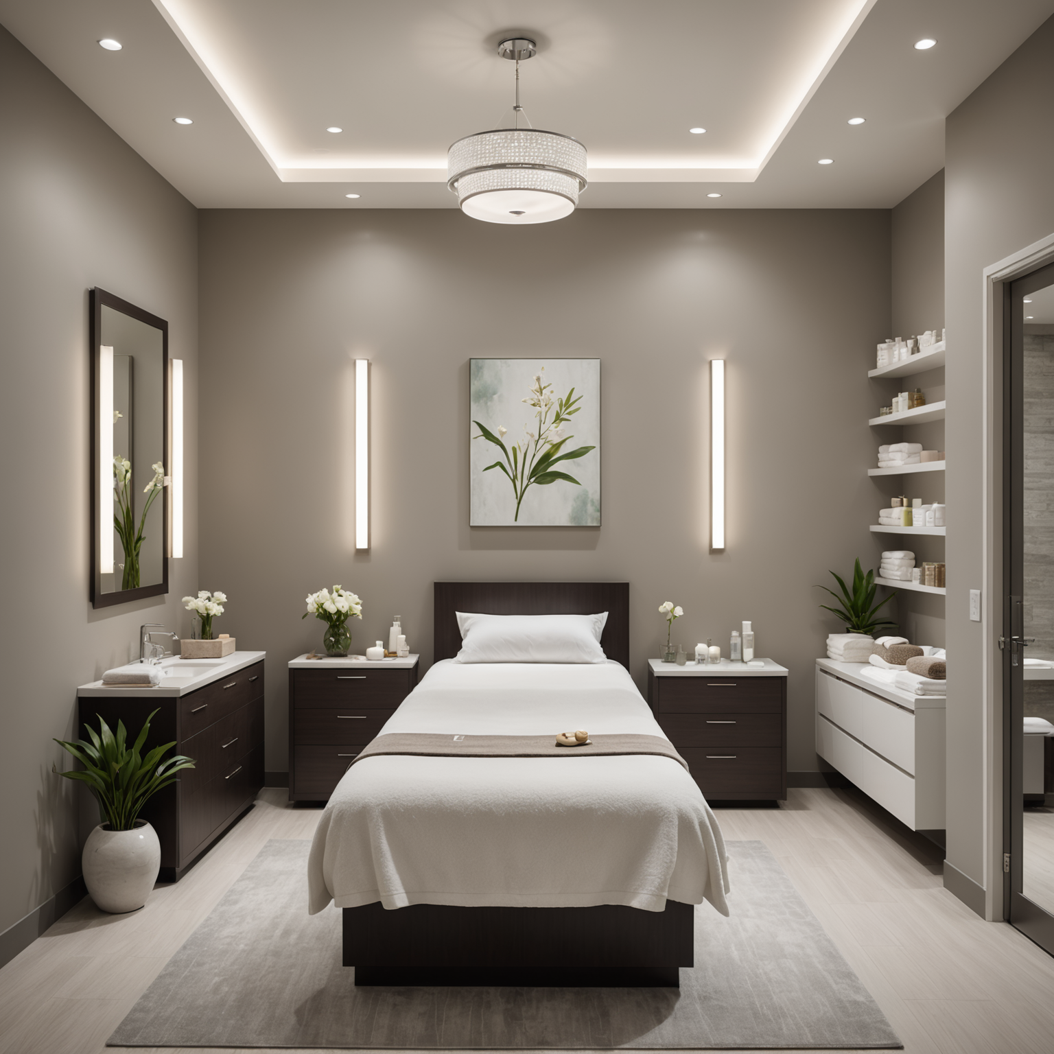 A serene spa interior with elegant skincare displays and an inviting treatment room.