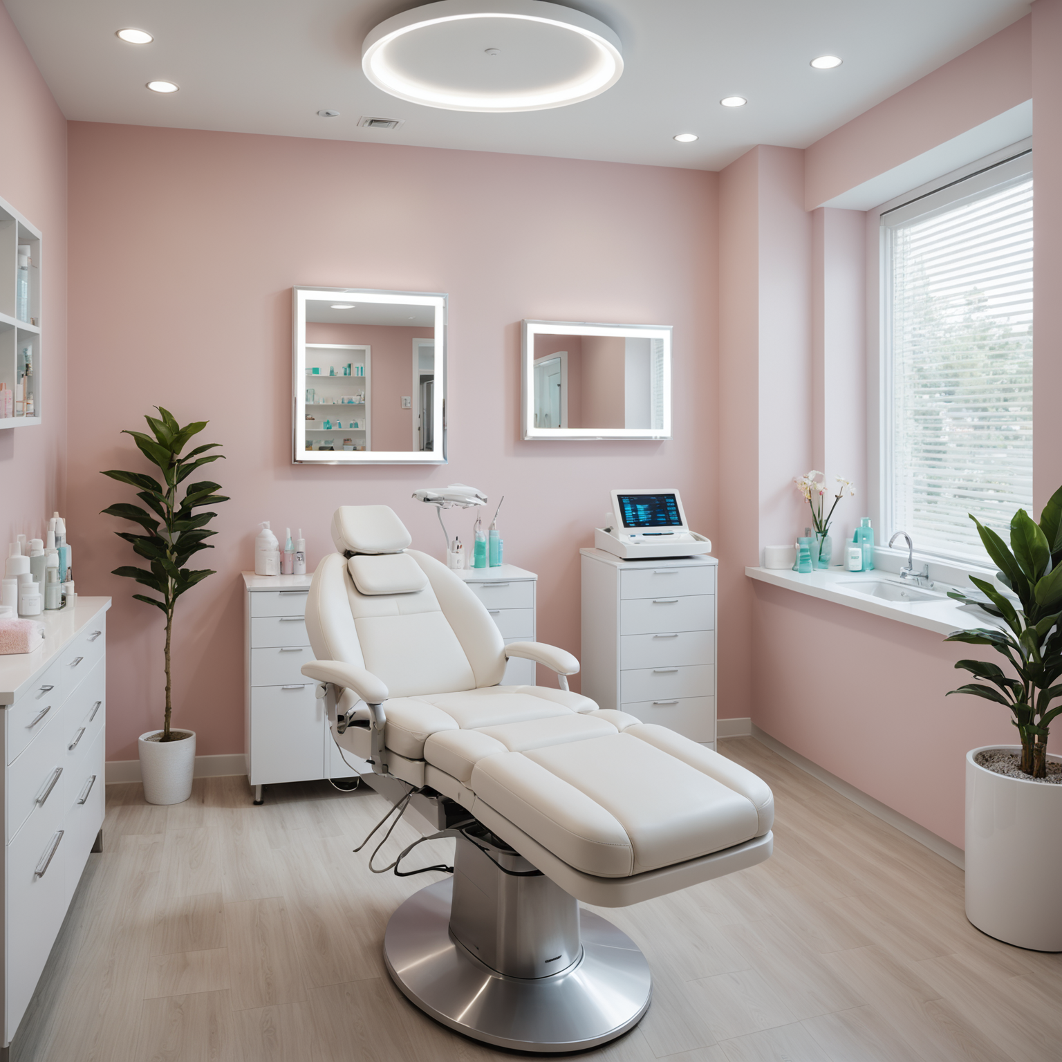 A clean and modern cosmetic clinic treatment room with an esthetician's hands preparing botox injections.