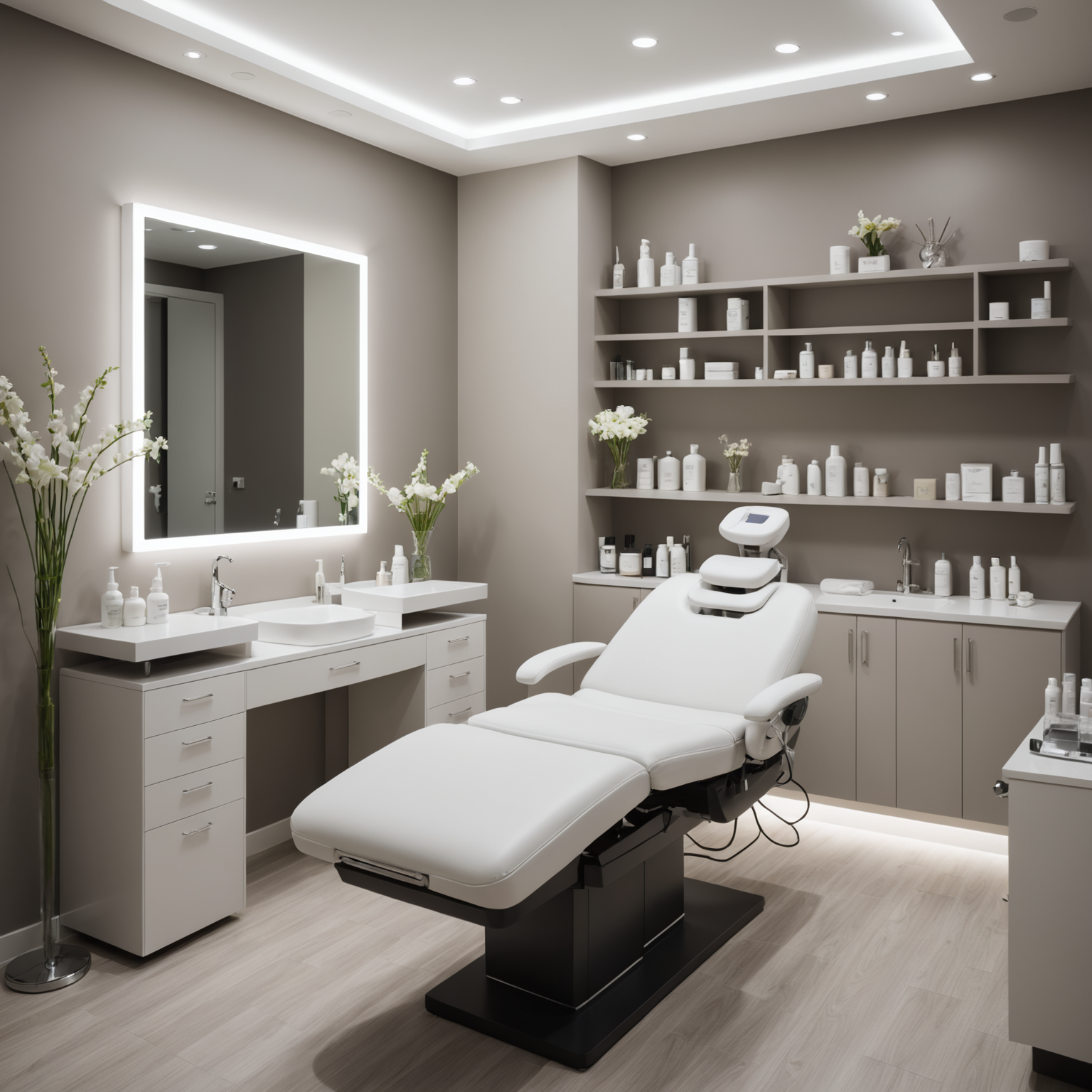 A serene treatment room in a cosmetic clinic, showcasing esthetician hands preparing skincare tools in a sterile environment.