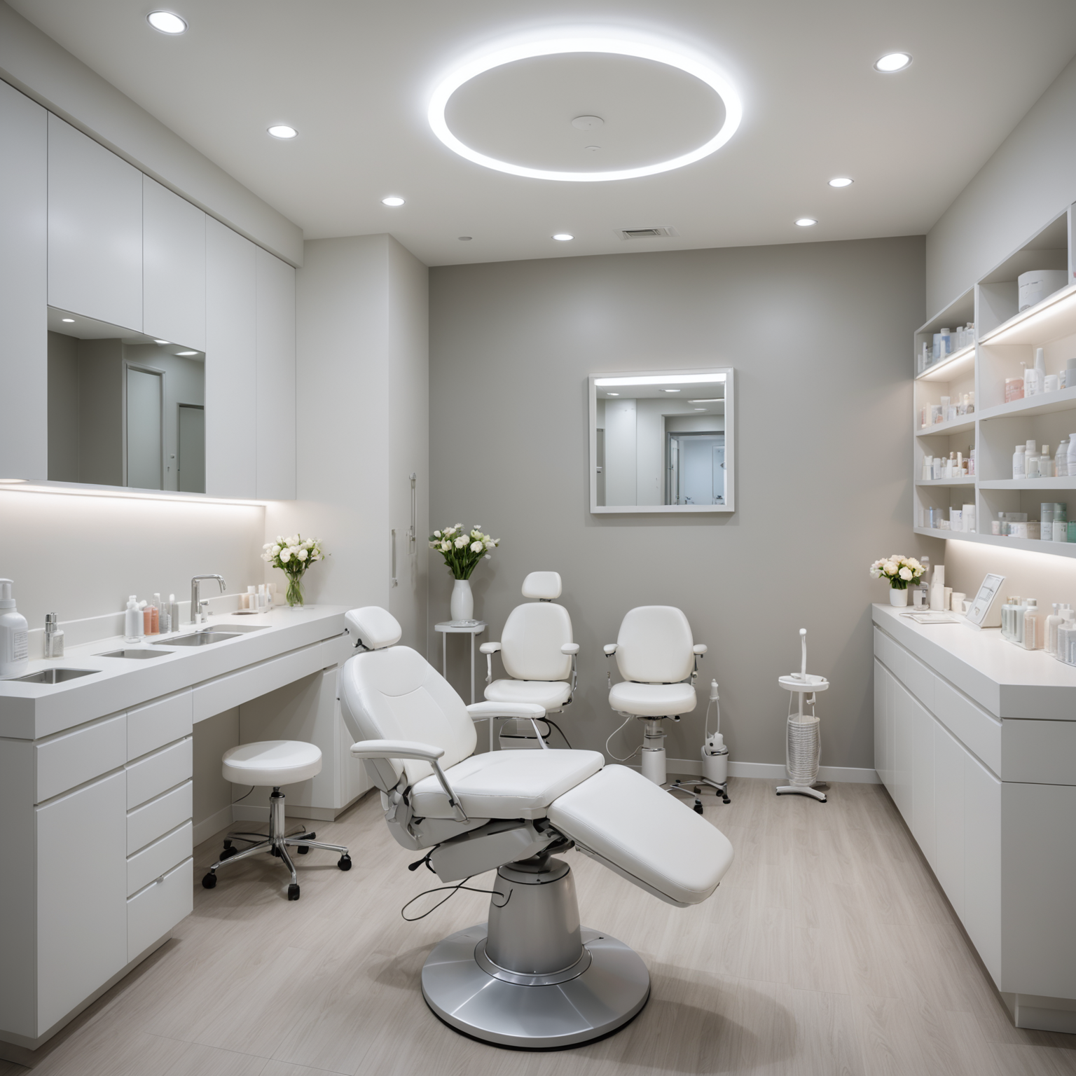 A serene cosmetic clinic treatment room, with sterile tools and soft lighting.
