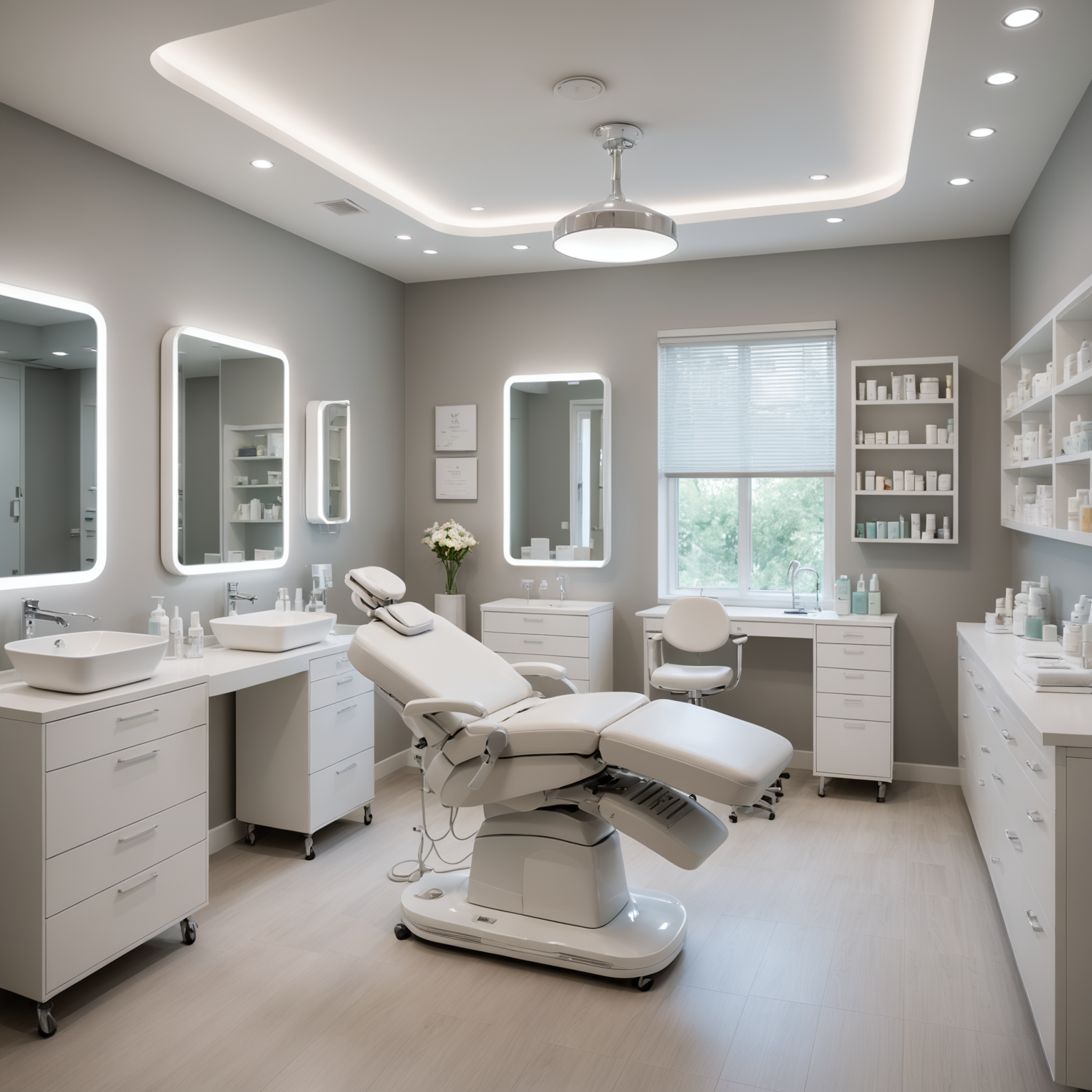 A serene cosmetic clinic treatment room with sterile tools neatly arranged on a tray, evoking a sense of calm and professionalism.