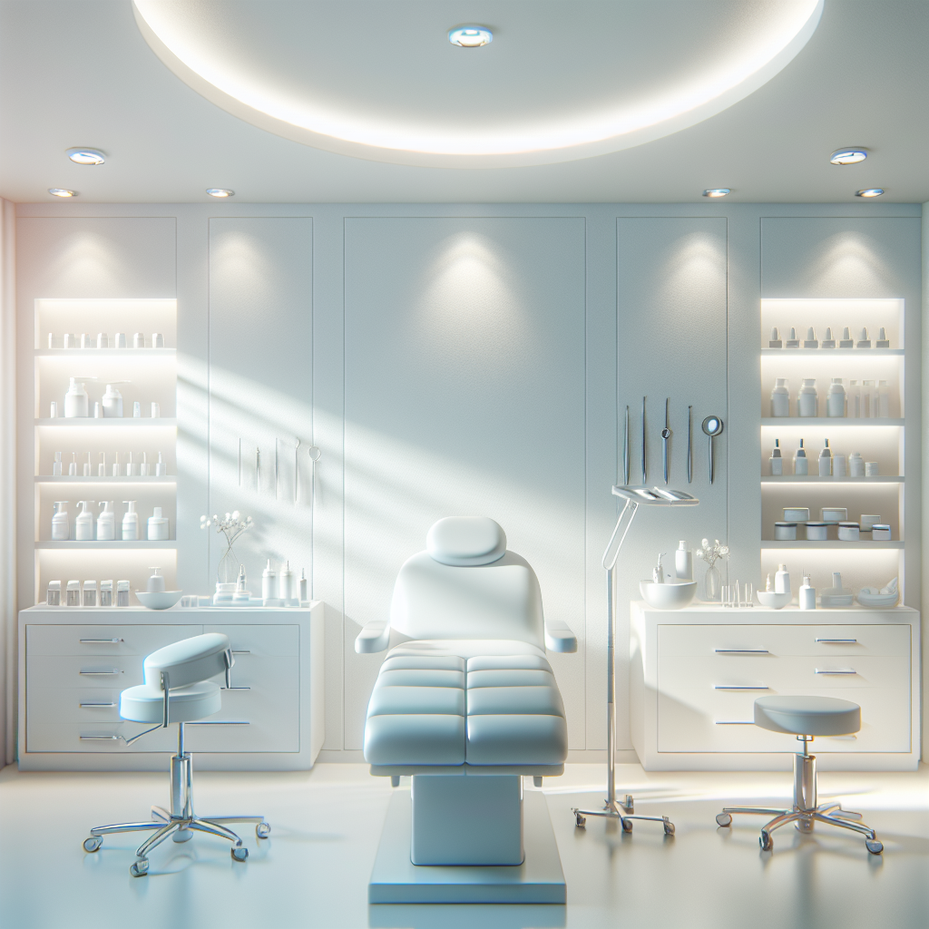 A serene cosmetic clinic treatment room with sterile tools and skincare textures