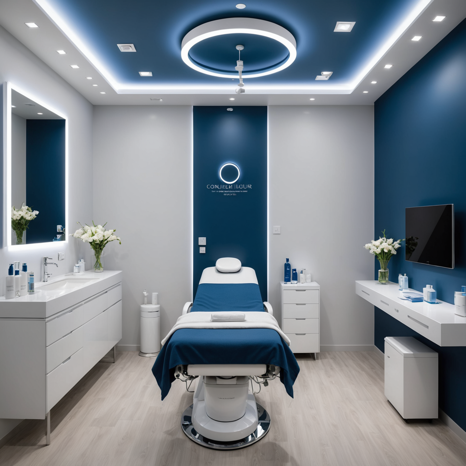 A luxurious treatment room in a cosmetic clinic with pristine equipment and tranquil ambiance